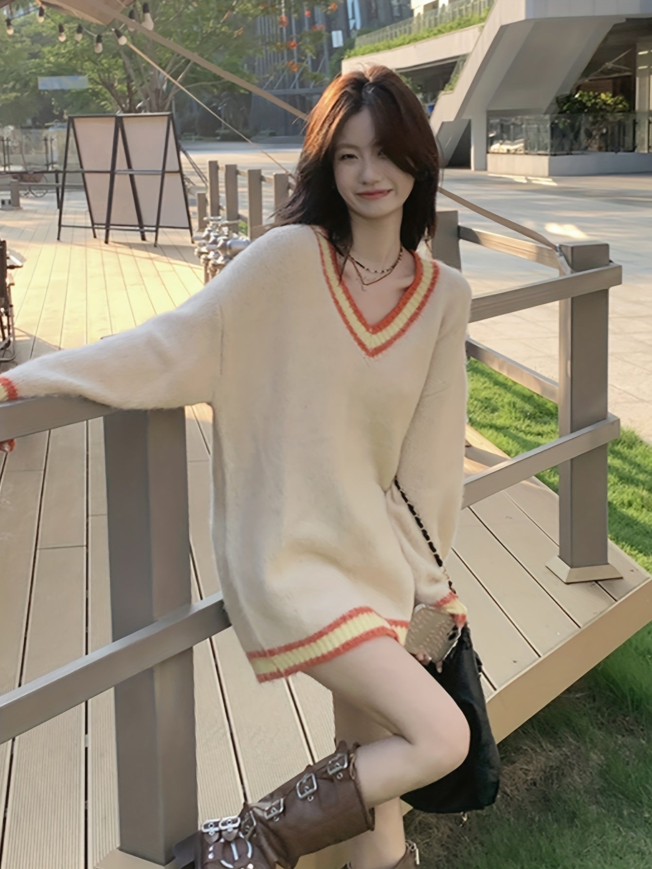 Sixsr Contrast Trim V Neck Pullover Sweater, Casual Long Sleeve Mid Length Cozy Sweater, Women's Clothing