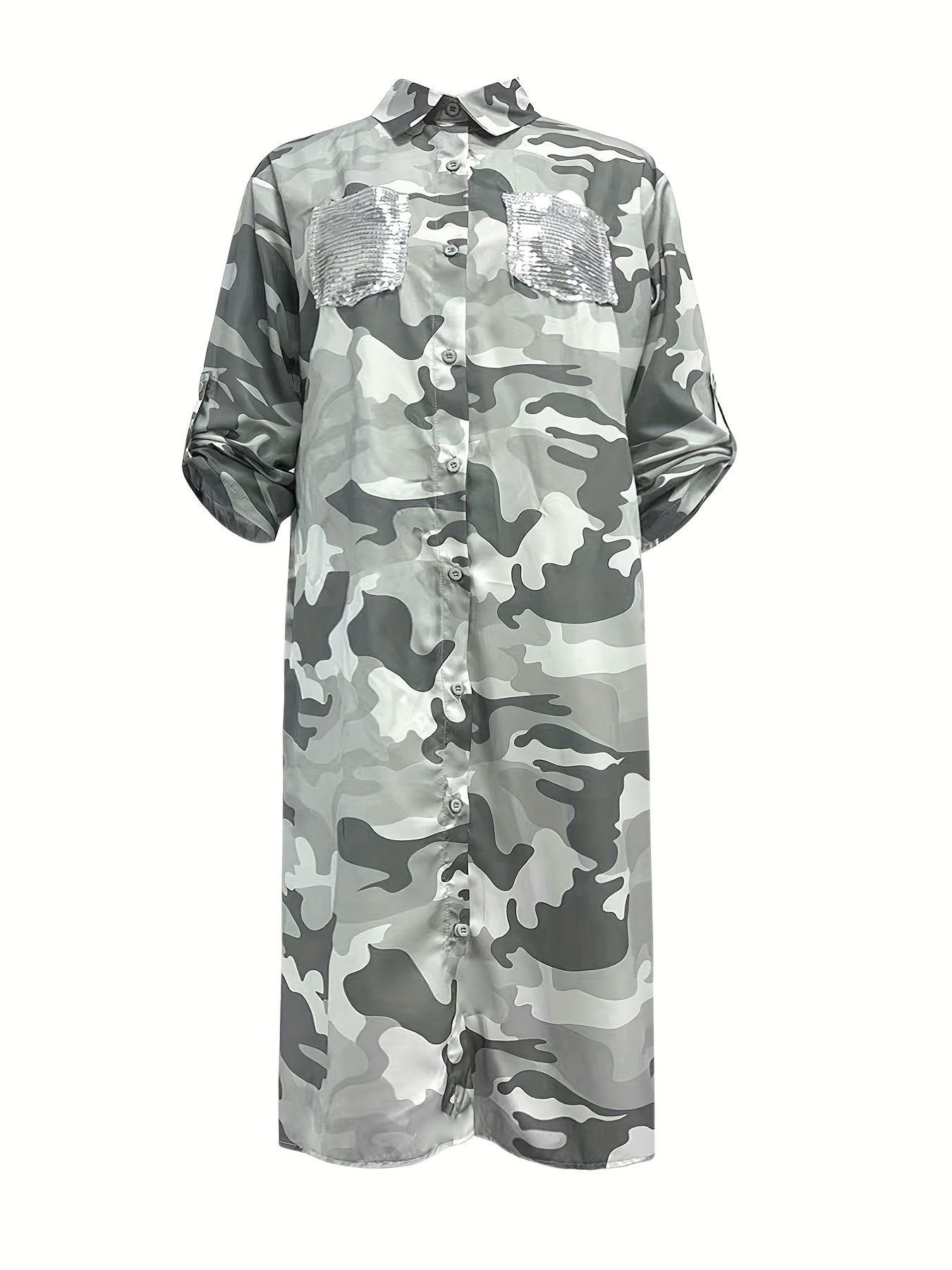 Sixsr Camo Print Shirt Dress, Casual Button Front Long Sleeve Collar Dress, Women's Clothing
