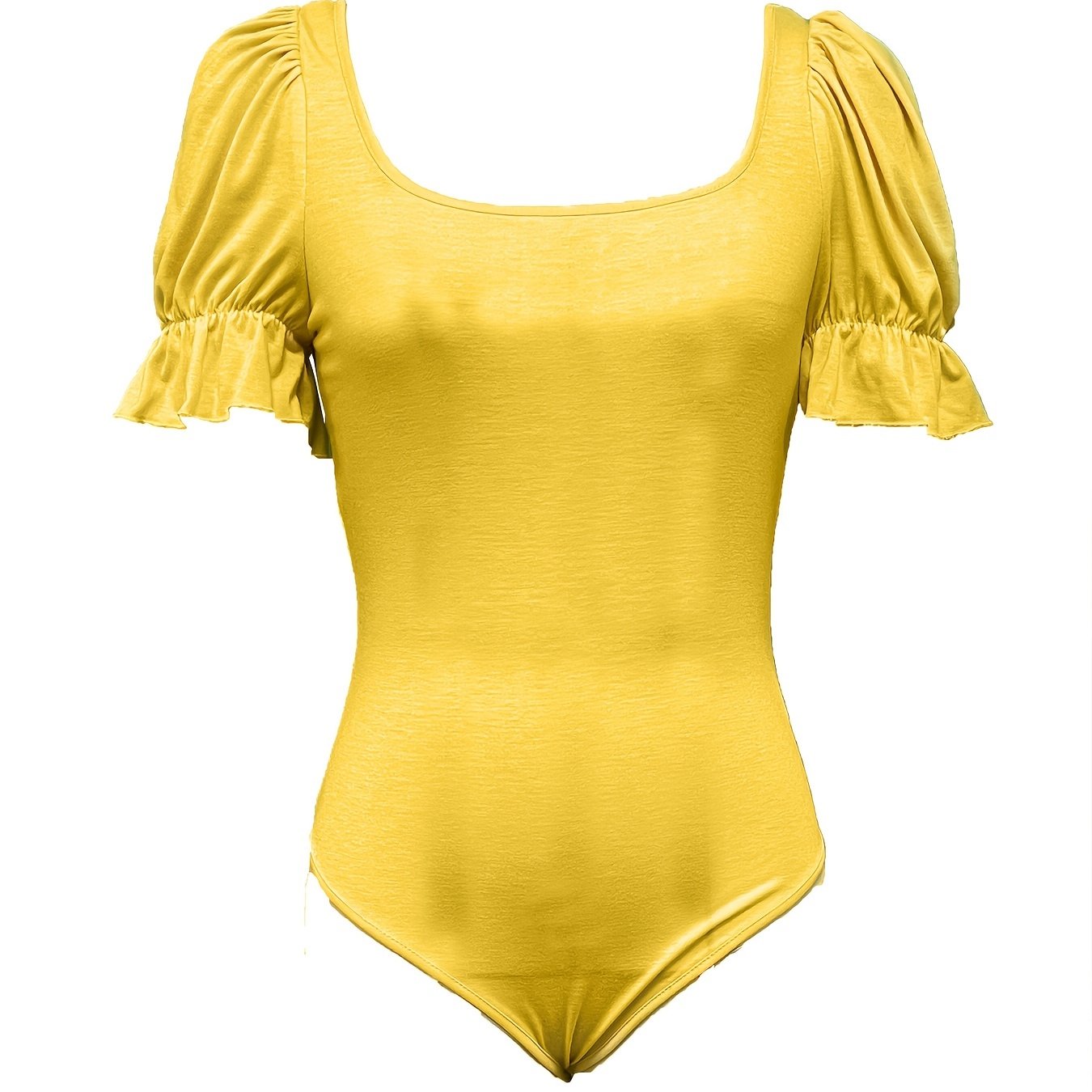 Solid Puff Sleeve Square Neck Bodysuit, Short Sleeve Sexy Casual Bodysuit, Women's Clothing