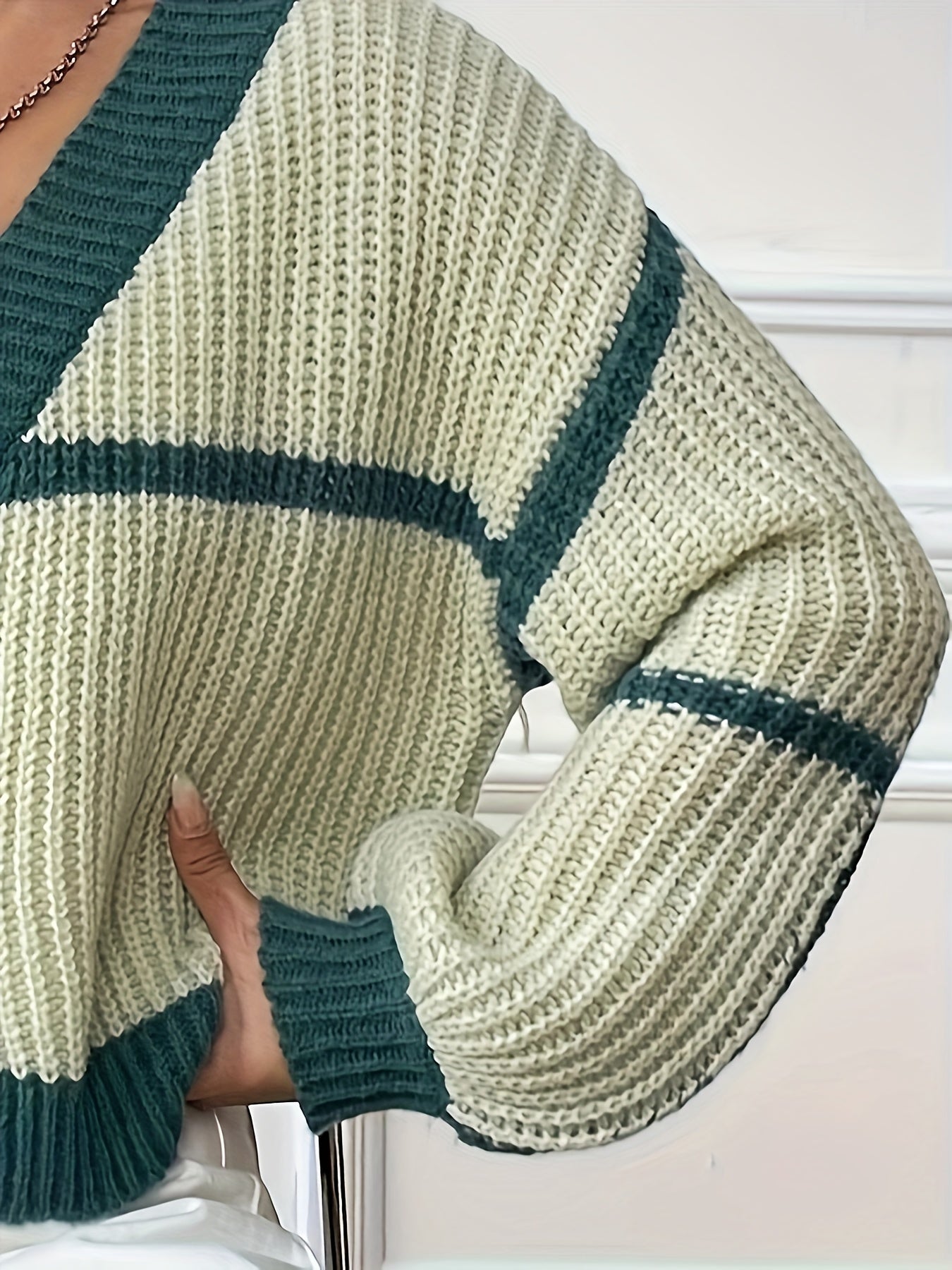 Sixsr Contrast Trim Simple Crop Knit Cardigan, Casual Open Front Lantern Sleeve Sweater, Women's Clothing
