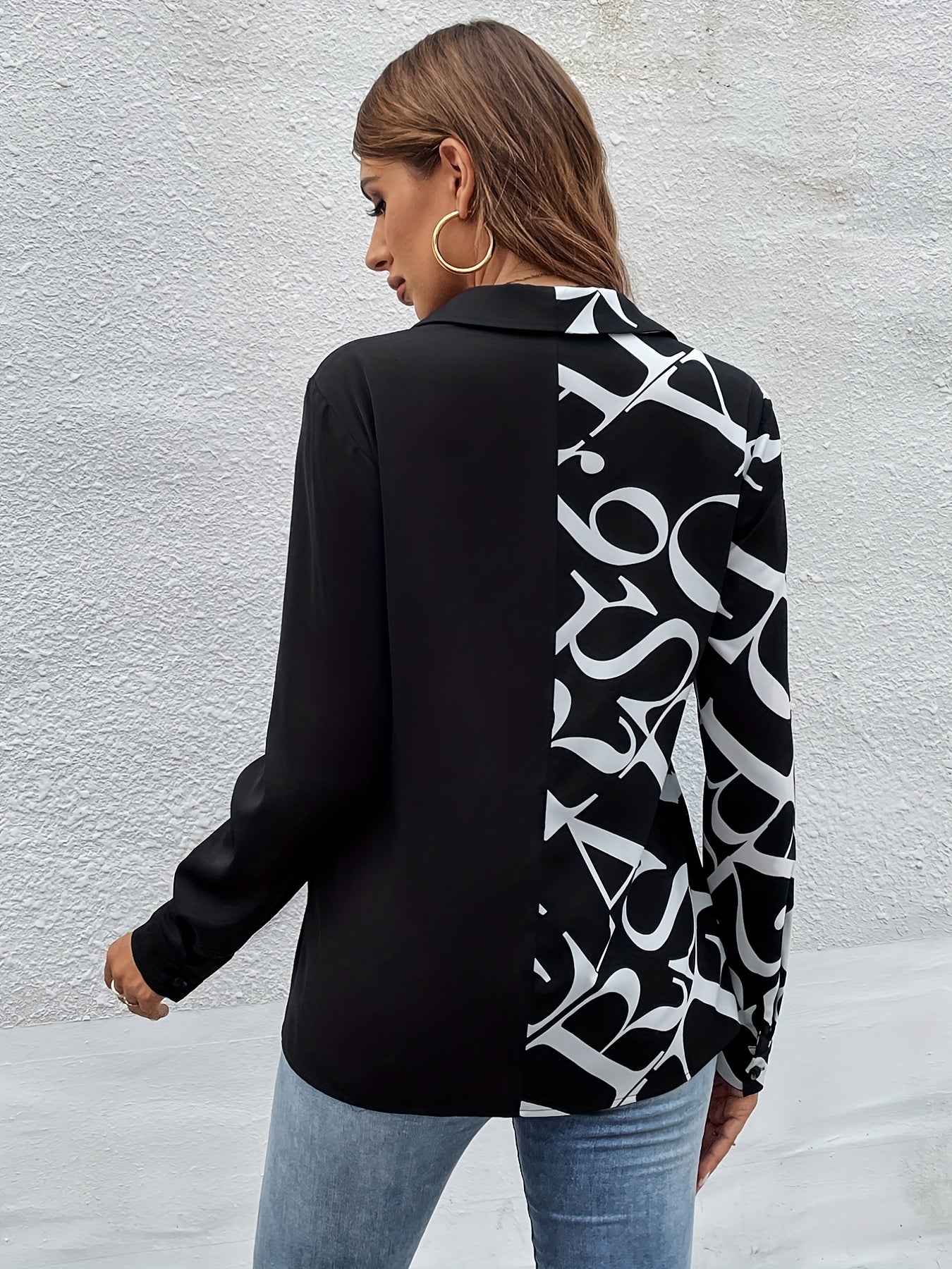Sixsr Letter Print Contrast Shirt, Elegant Button Front Long Sleeve Collar Shirt, Women's Clothing