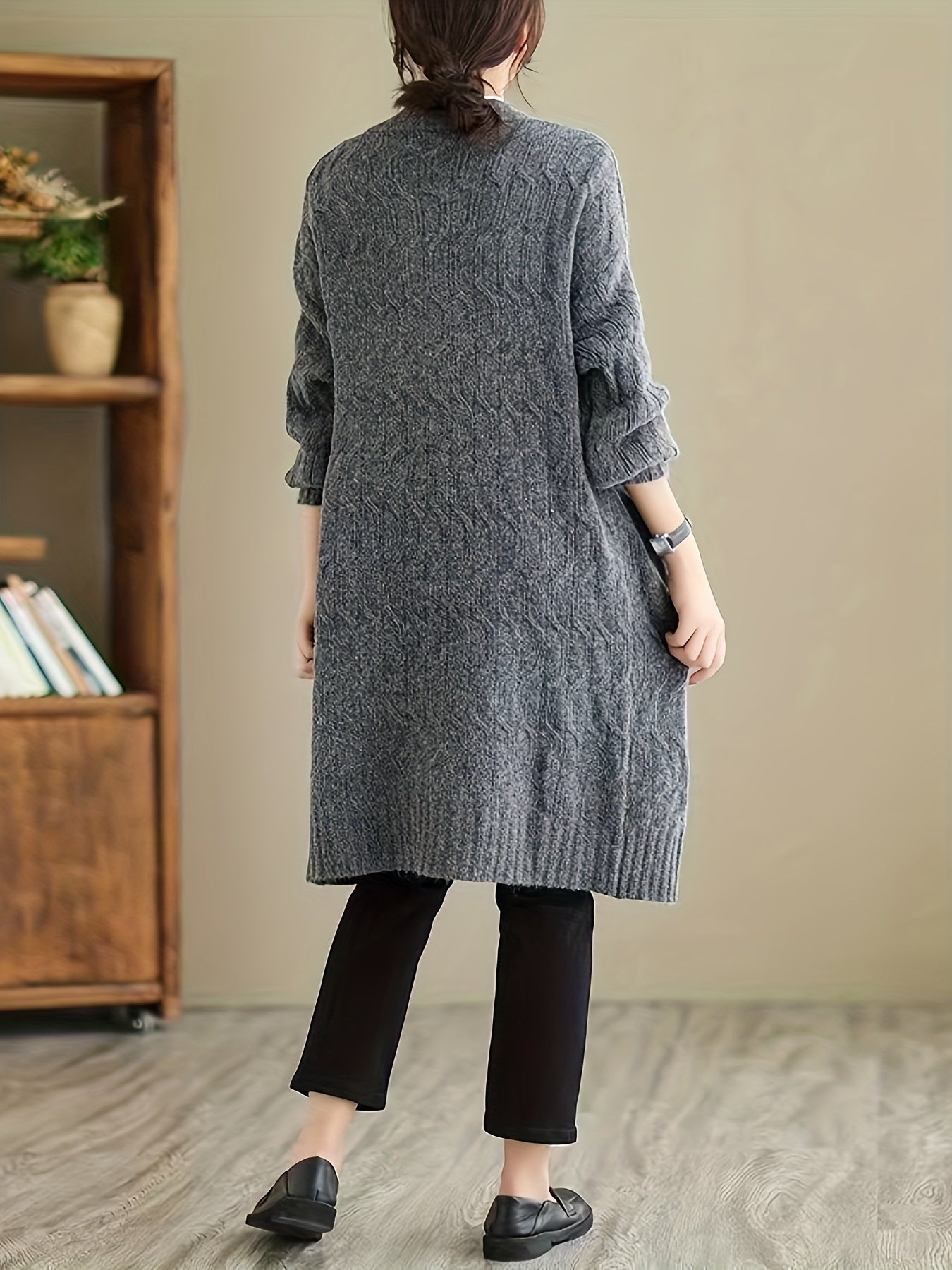 Sixsr Solid Open Front Cable Knit Cardigan, Casual Long Sleeve Warm Sweater Coat With Pocket, Women's Clothing