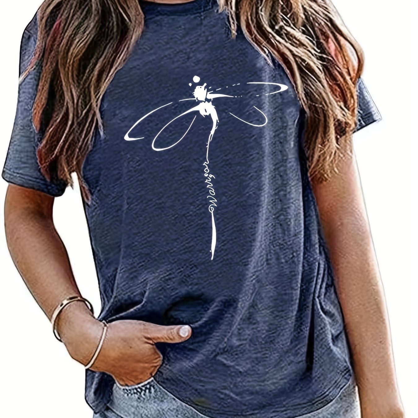 Sixsr Dragonfly Print Crew Neck T-Shirt, Casual Short Sleeve T-Shirt For Spring & Summer, Women's Clothing