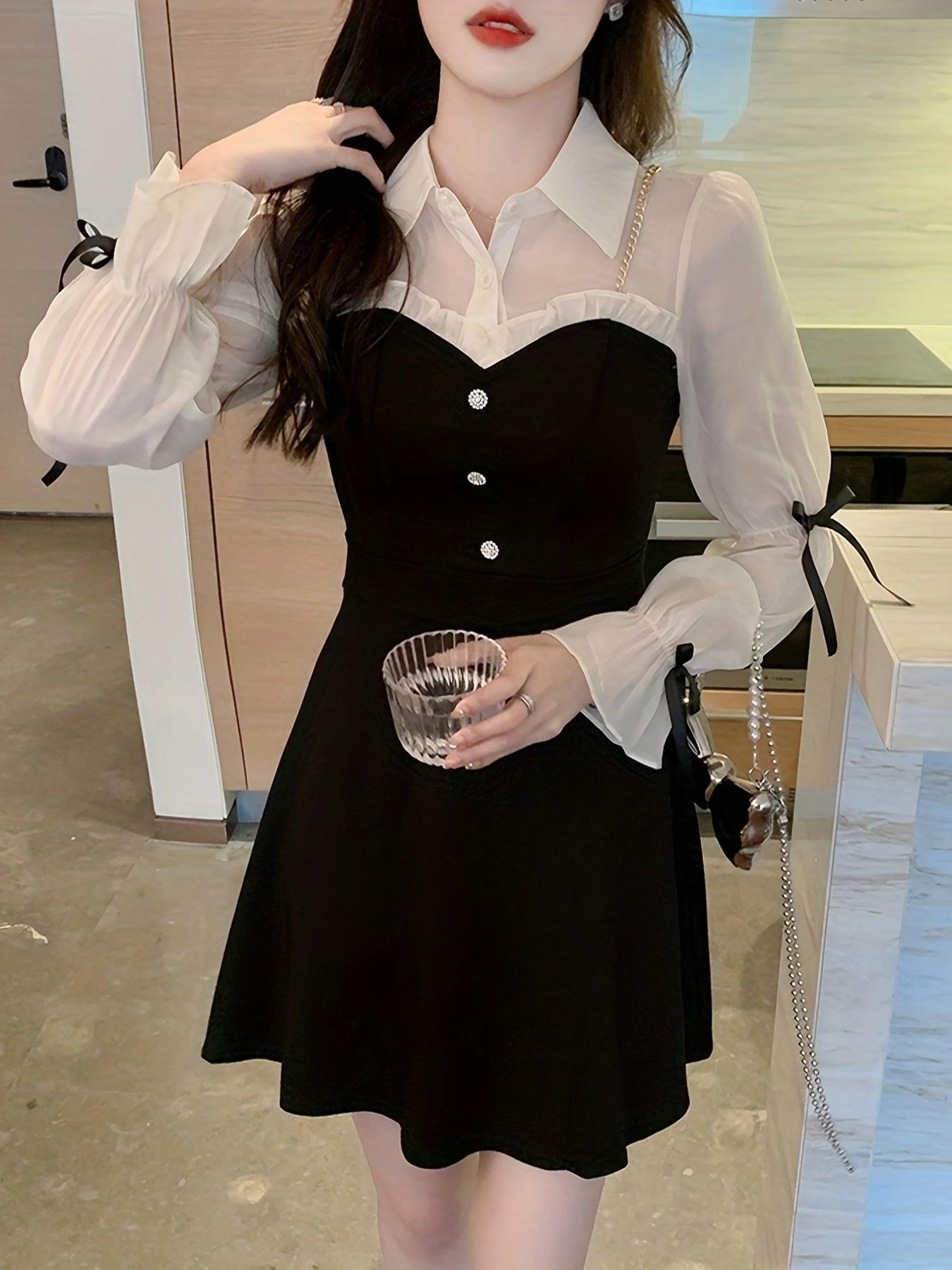 Sixsr Ruffle Trim Splicing Dress, Elegant Turn Down Collar Long Sleeve Sweetheart Neck Dress, Women's Clothing