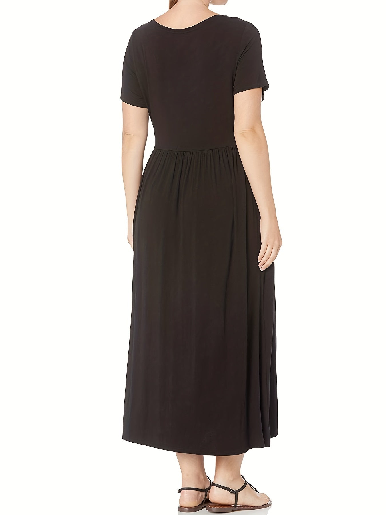 Sixsr Plus Size Casual Dress, Women's Plus Plain Ruched Short Sleeve Round Neck Medium Stretch Maxi Dress