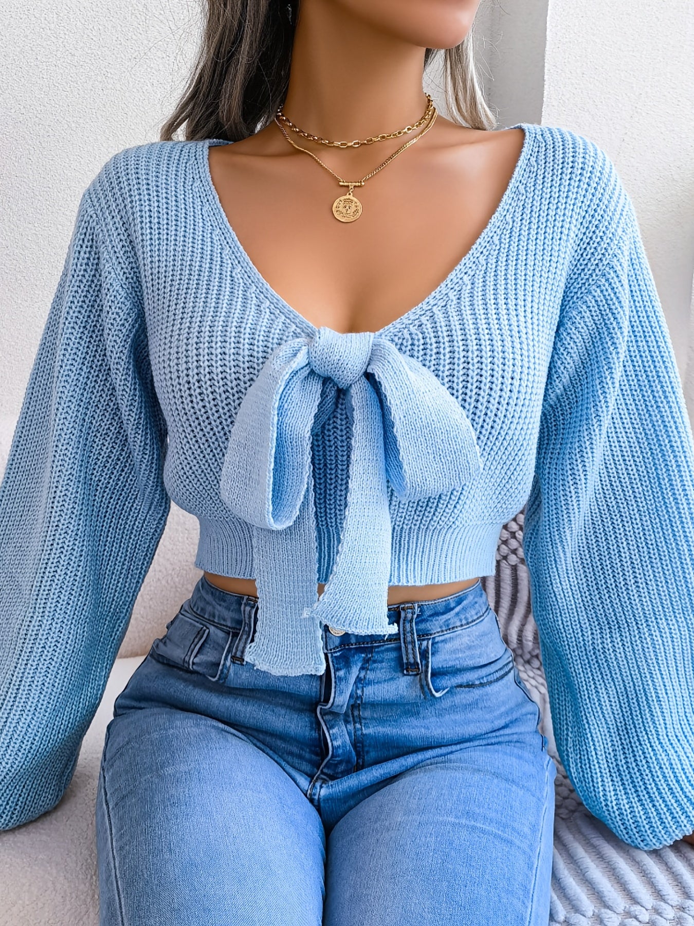 Sixsr Sexy Bowknot V Neck Crop Sweater, Casual Lantern Long Sleeve Loose Fall Winter Knit Sweater, Women's Clothing