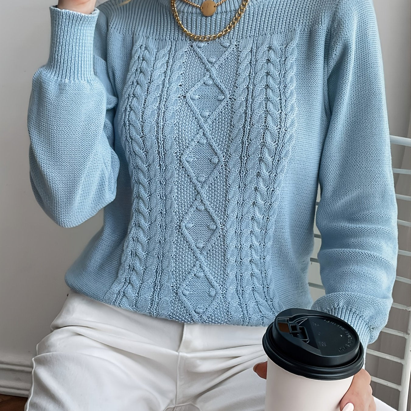 Sixsr Casual Solid Crew Neck Sweater, Long Sleeve Loose Fall Winter Knit Sweater, Women's Clothing
