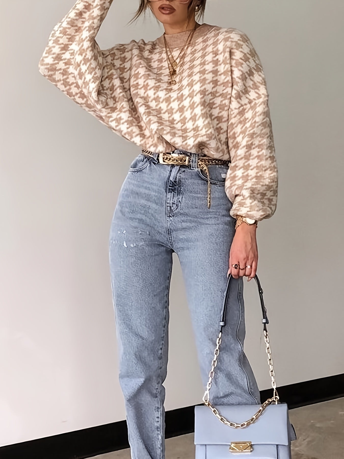 Sixsr Houndstooth Print Knitted Sweater, Casual Long Sleeve Loose Sweater For Fall & Winter, Women's Clothing