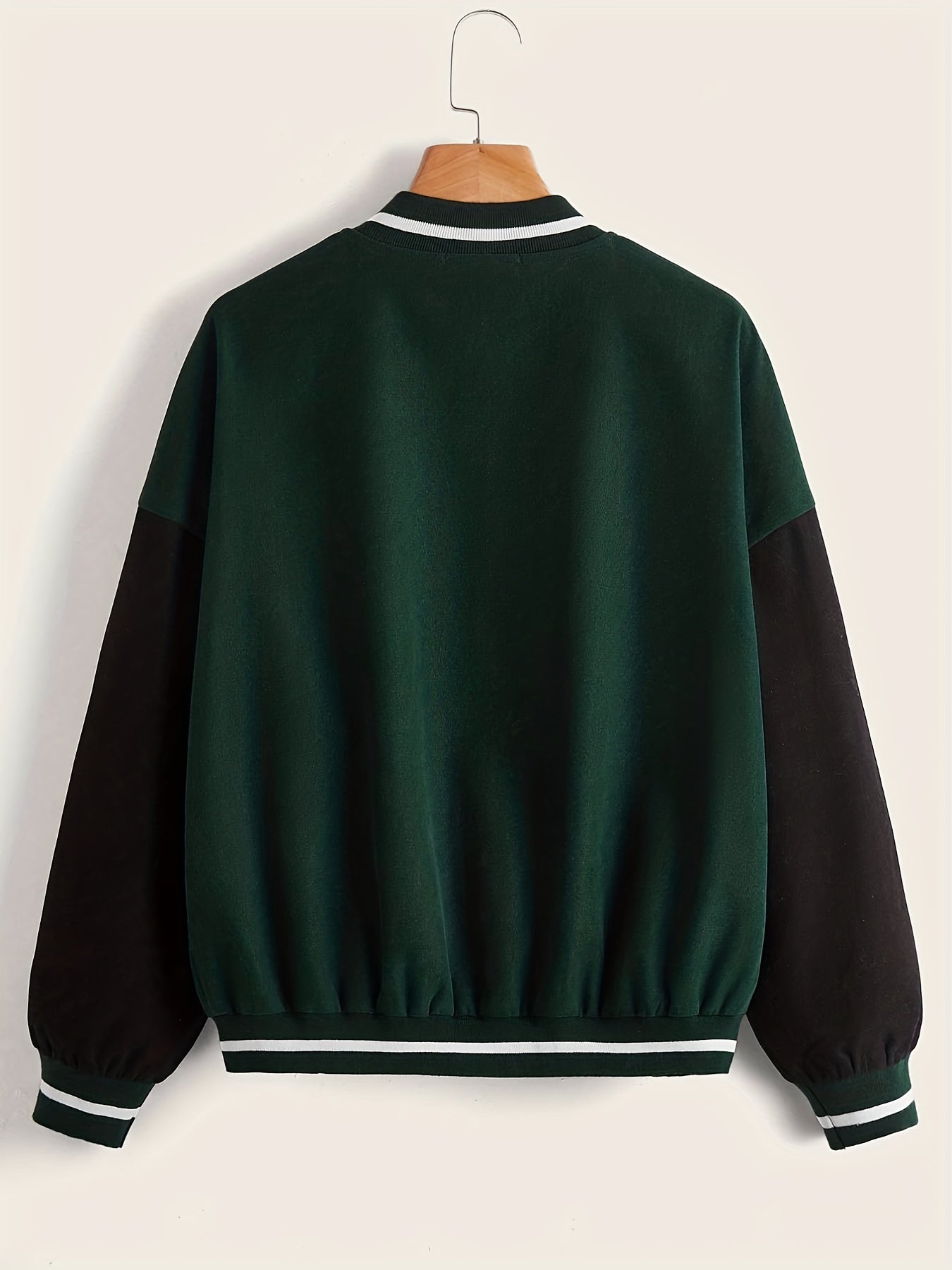 Sixsr Plus Size Casual Jacket, Women's Plus Colorblock Letter Patch Button Up Long Sleeve Bomber Jacket
