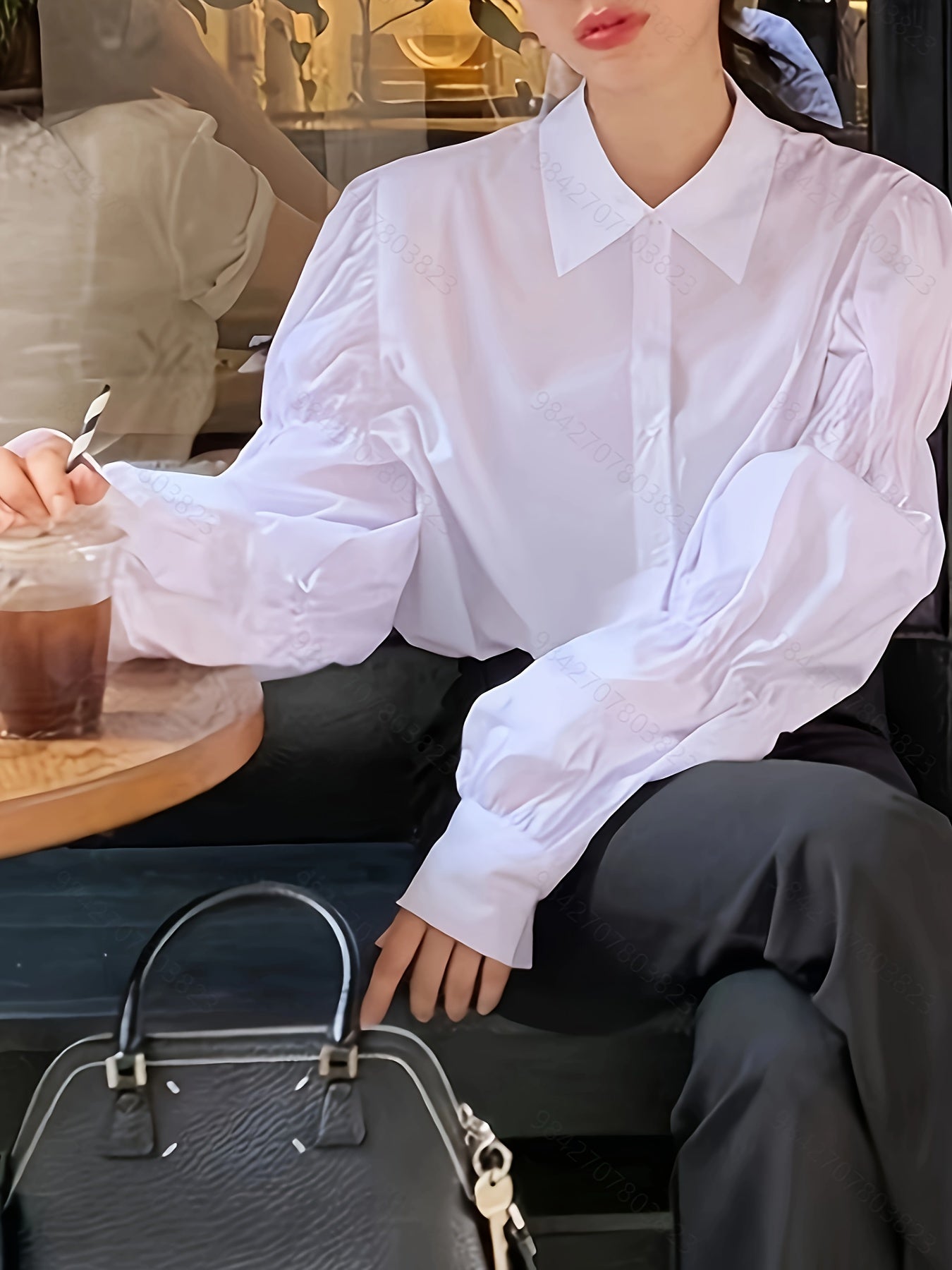 Sixsr Solid Polo Collar Blouse, Elegant Long Puff Sleeve Blouse For Spring & Fall, Women's Clothing