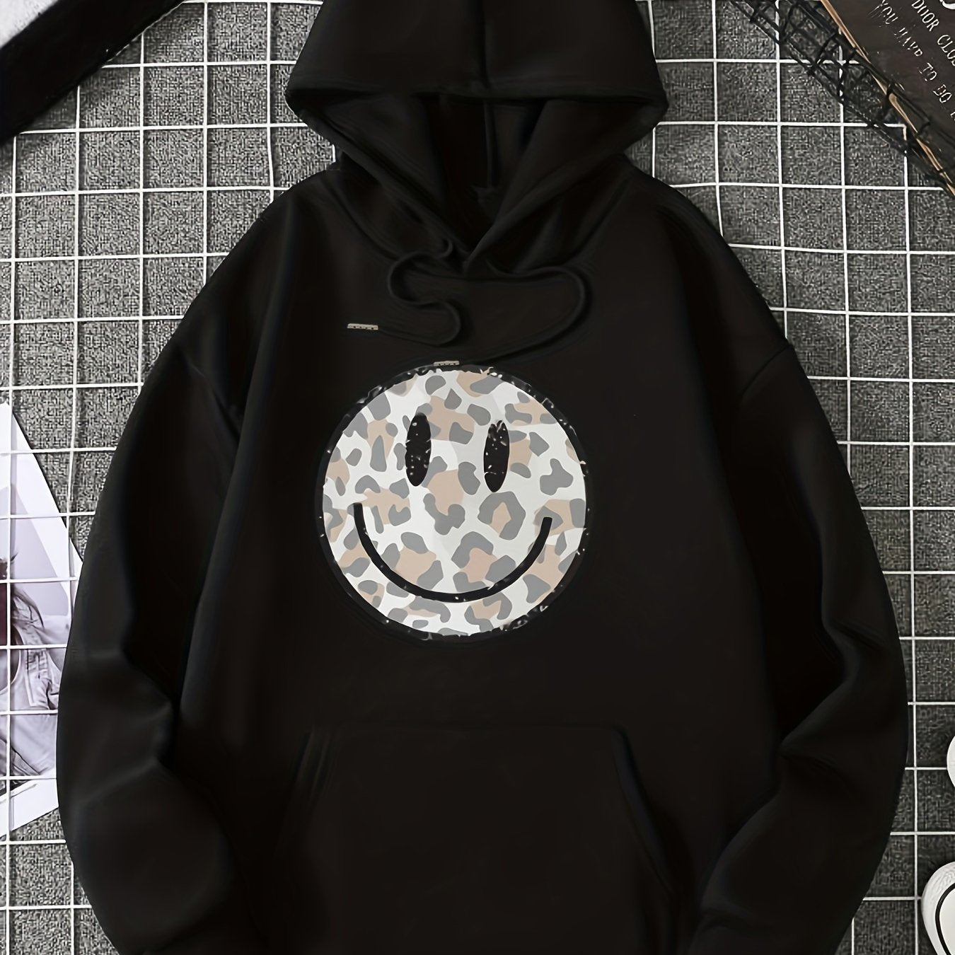 Sixsr Leopard Print Face Graphic Hoodies, Drawstring Kangaroo Pocket Casual Sweatshirt For Spring & Fall, Women's Clothing