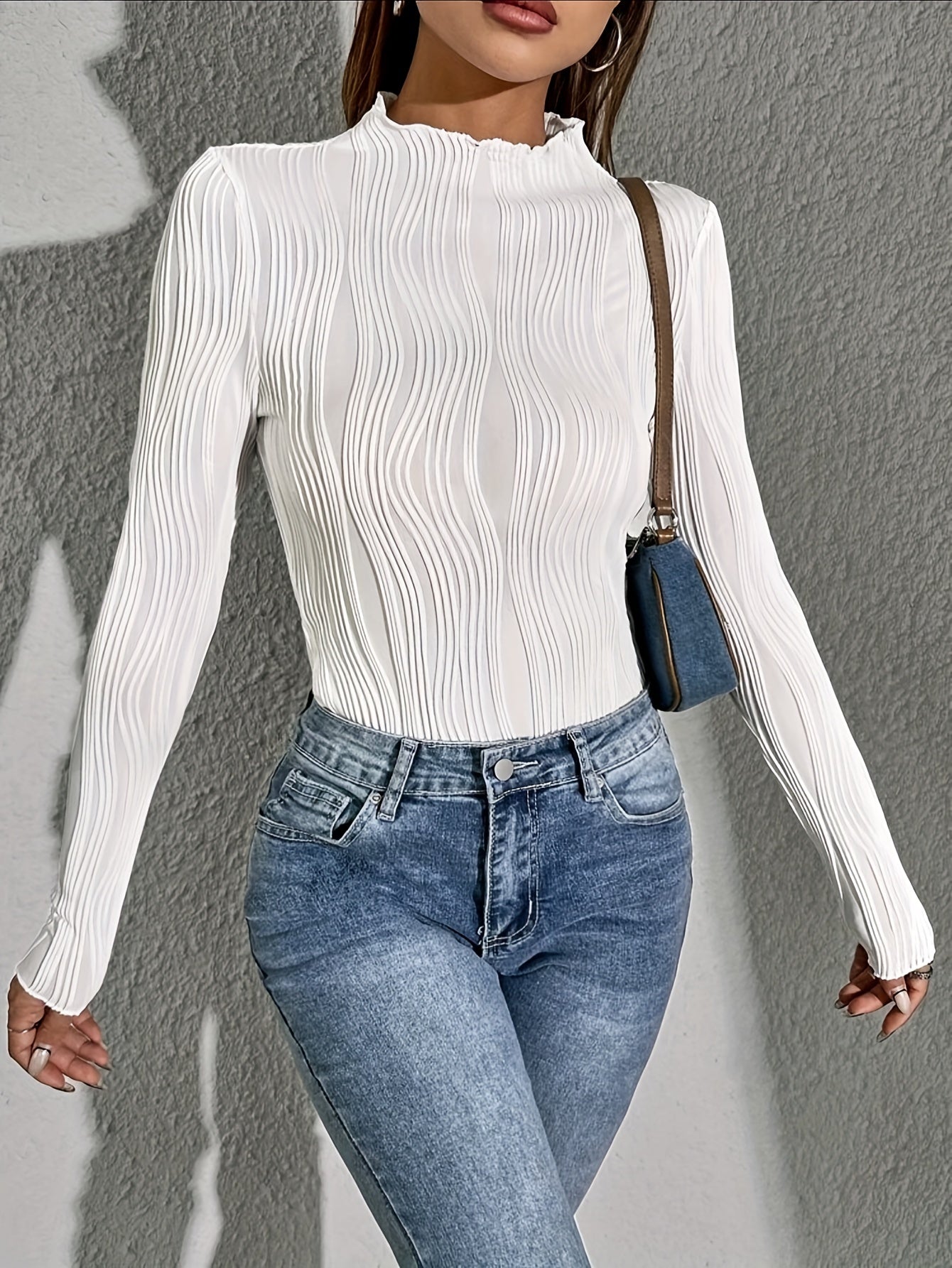 Sixsr Textured Mock Neck T-Shirt, Casual Long Sleeve Top For Spring & Fall, Women's Clothing