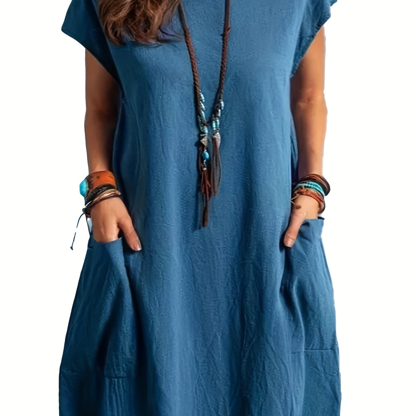 Sixsr Plus Size Basic Dress, Women's Plus Plain Short Sleeve Round Neck Maxi Dress With Pockets