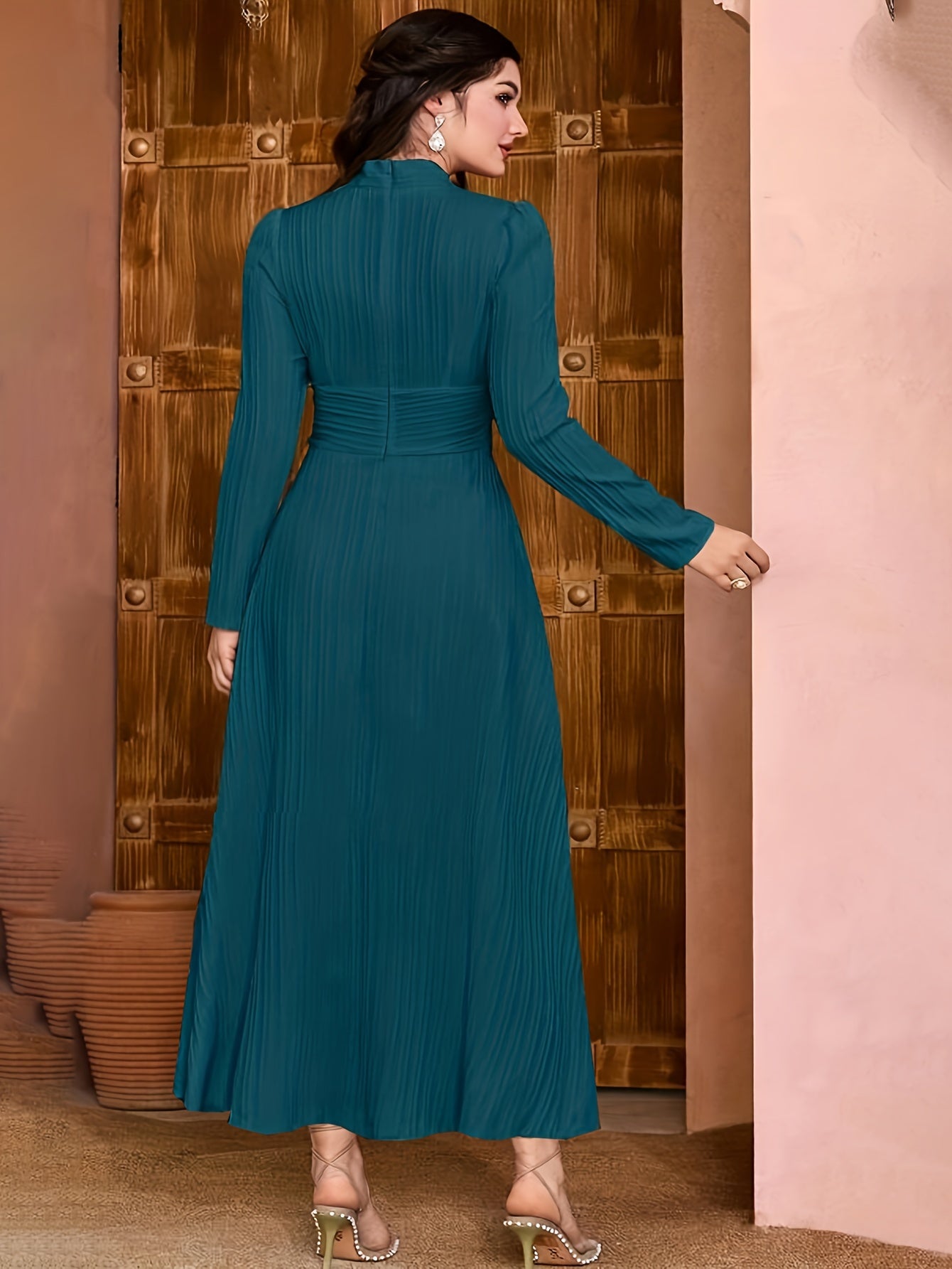 Sixsr Solid V Neck Dress, Elegant Long Sleeve Shirred Waist Dress, Women's Clothing