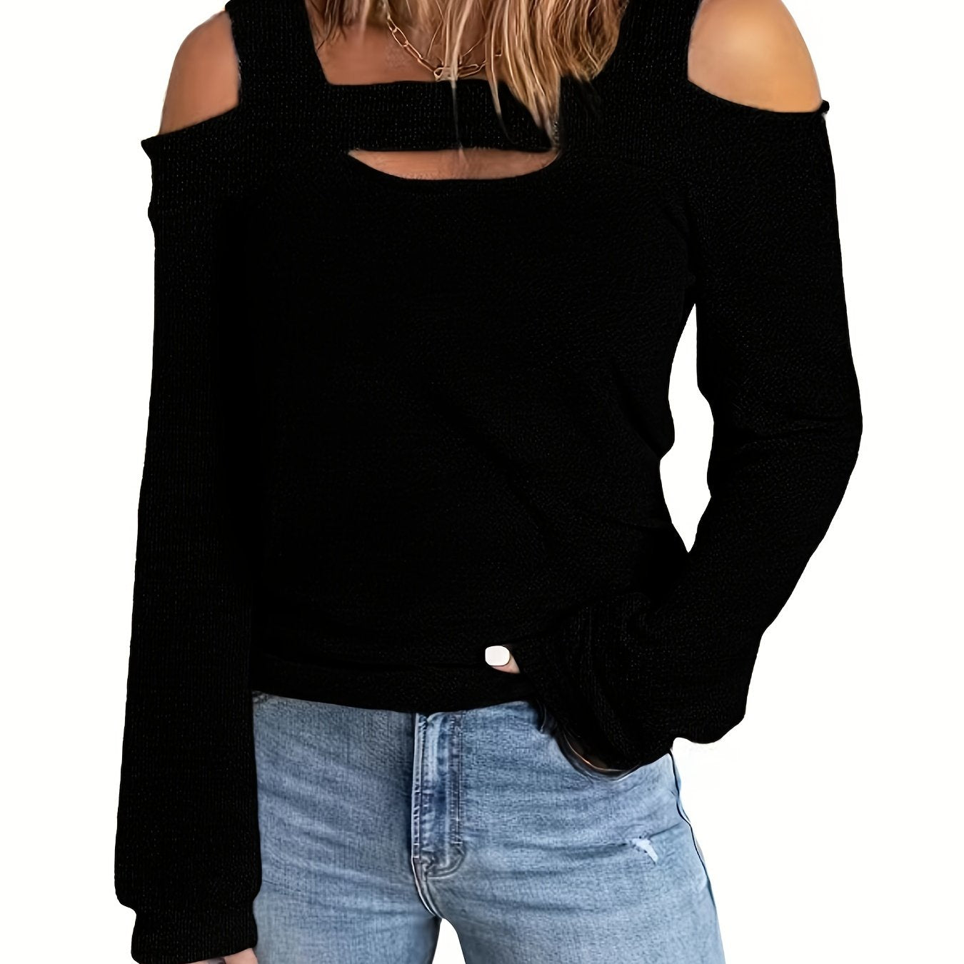 Sixsr Plus Size Cold Shoulder Cut Out Long Sleeve Tee, Women's Plus High Stretch Sexy Top