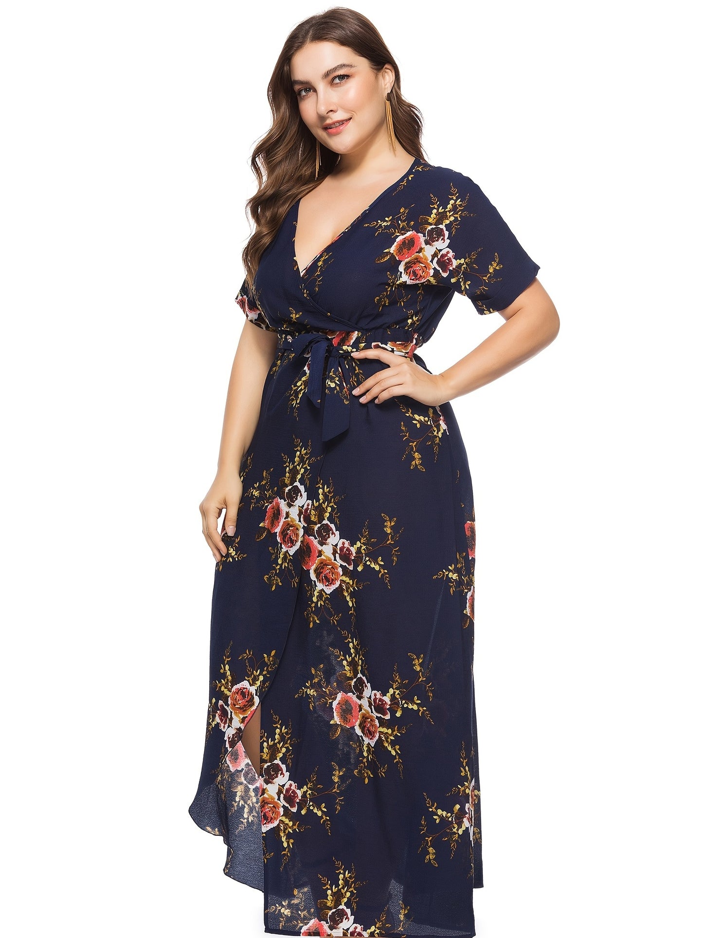Sixsr Plus Size Floral Print Split Hem Maxi Dress With Belt, Women's Plus V Neck Long Dress, Dress Women