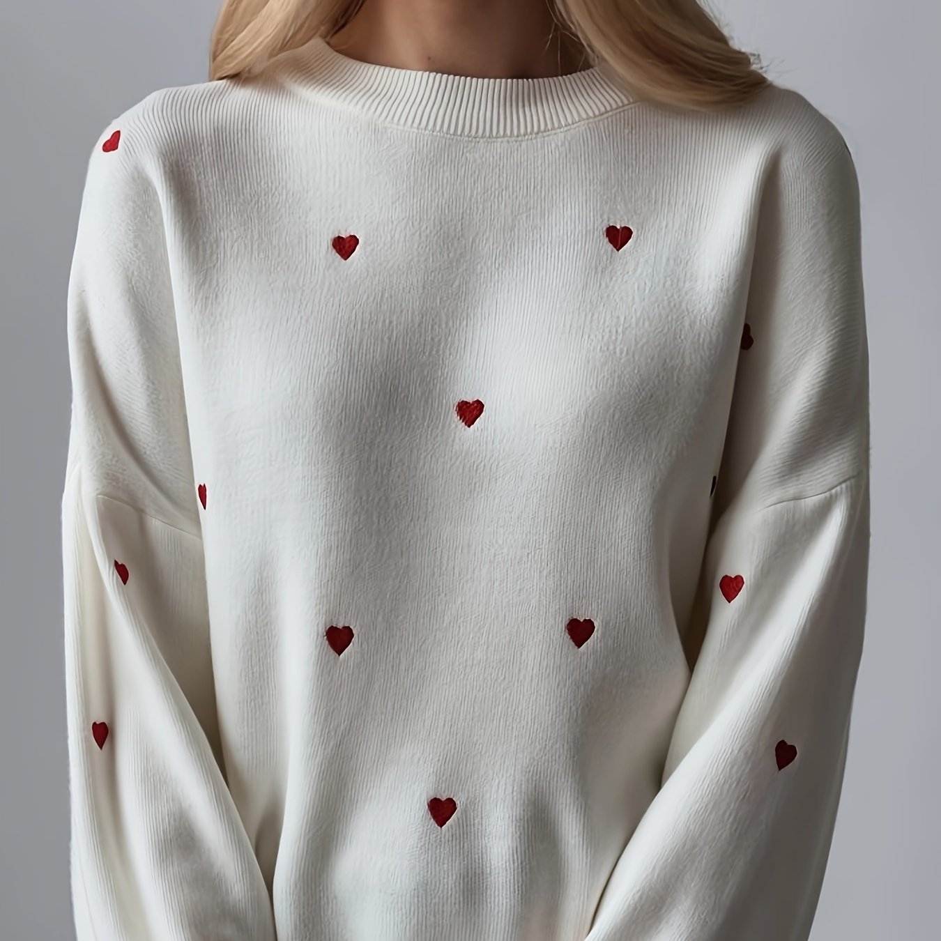 Sixsr Heart Pattern Crew Neck Knit Sweater, Casual Long Sleeve Pullover Sweater, Women's Clothing