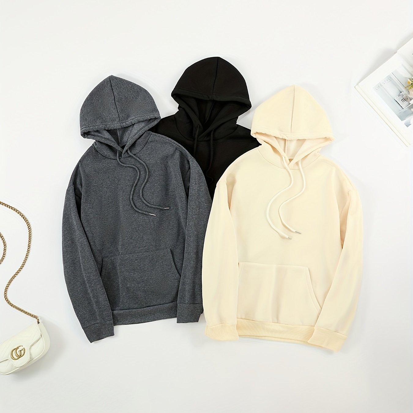Sixsr 3pcs Solid Color Front Pocket Hooded Sweatshirts, Casual Loose Long Sleeve Sports Drawstring Hoodie, Women's Sporty Sweatshirts