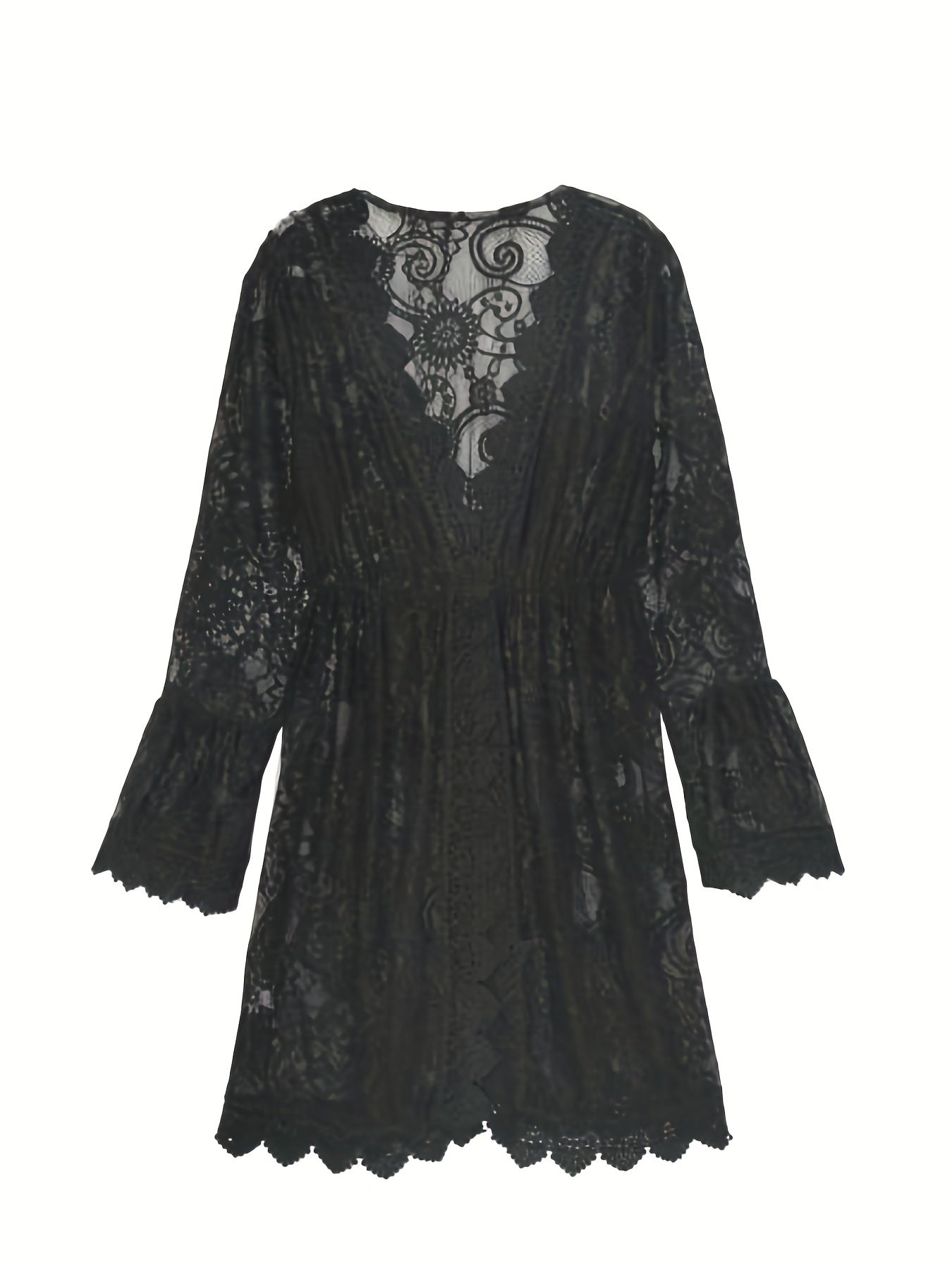 Plunging V-neck Scallop Trim Lace Dress, Sexy Beach Wear Cover Up Dress, Women's Clothing