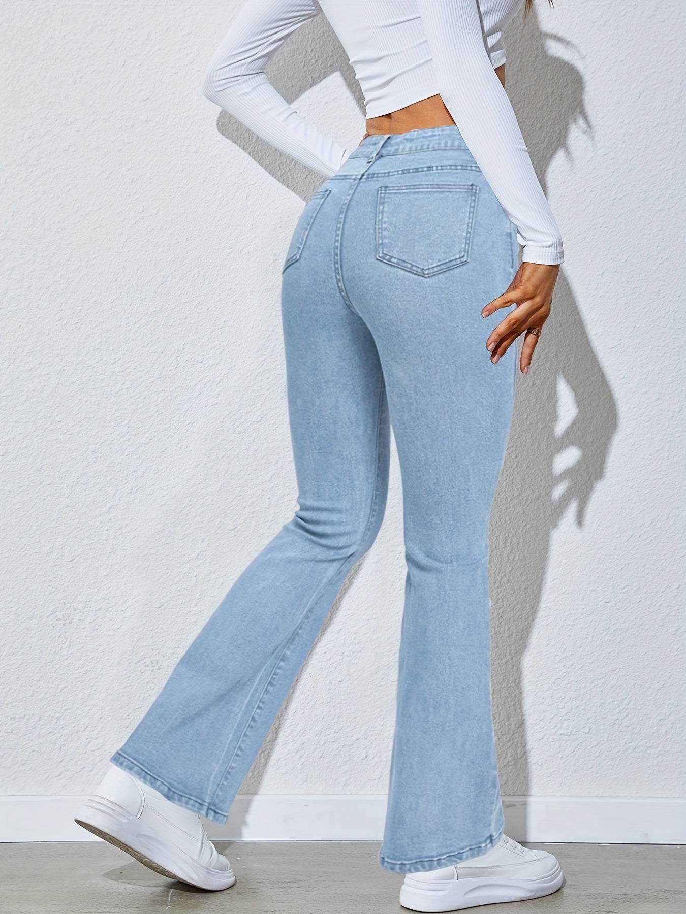 Sixsr High Waist High Strech Light Blue Bootcut Jeans, Zipper Button Closure Flare Leg Causal Denim Pants, Women's Denim Jeans & Clothing