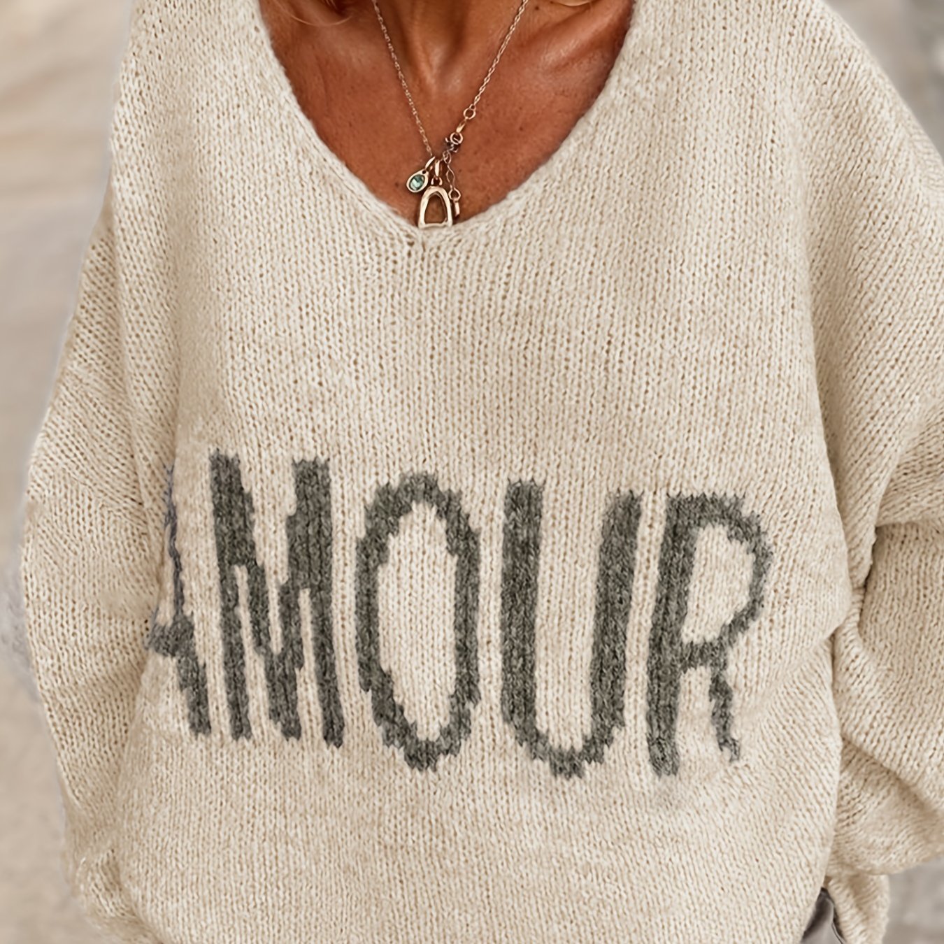 Sixsr Plus Size Casual Sweater, Women's Plus Letter Print Long Sleeve V Neck Medium Stretch Loose Sweater