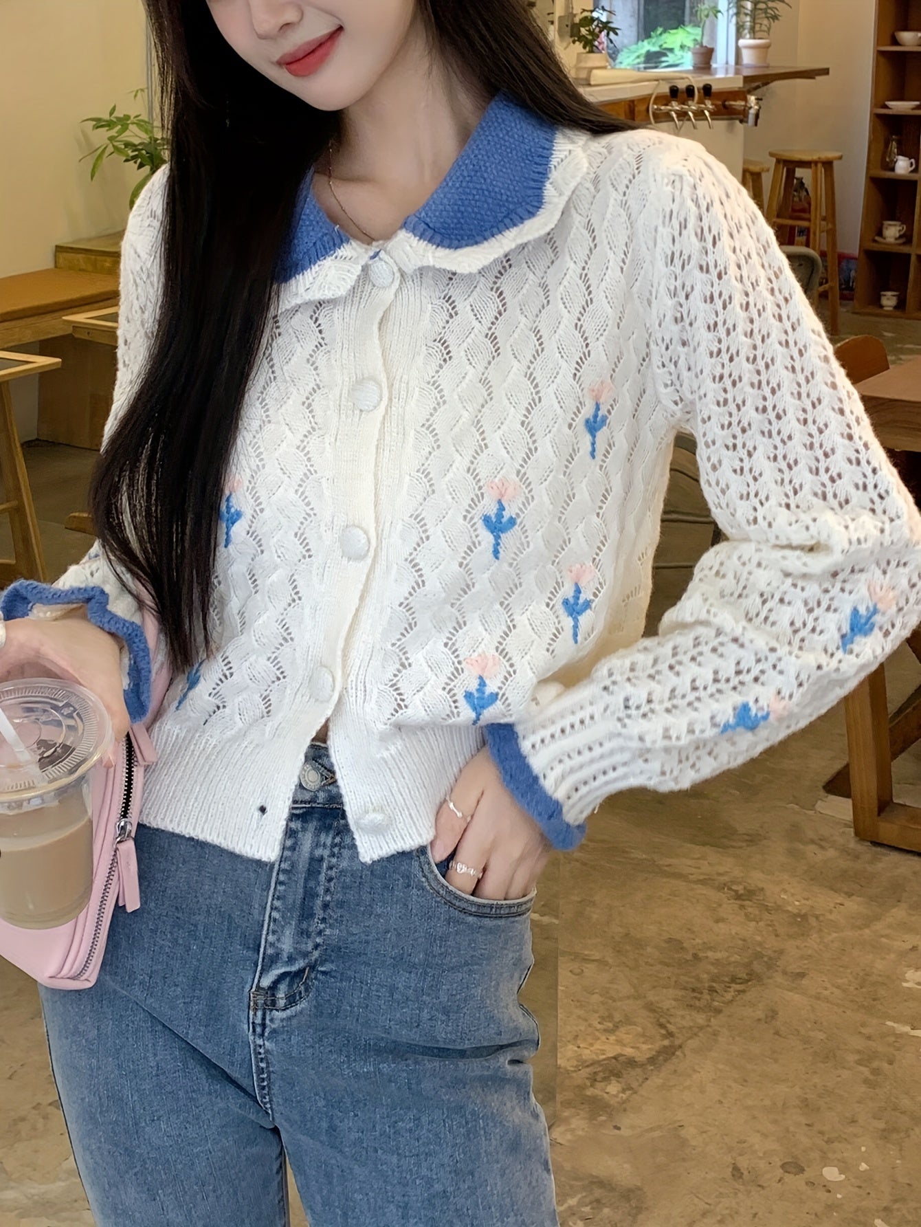 Sixsr Color Block Button Front Cardigan, Long Sleeve Pointelle Knit Cardigan, Women's Clothing