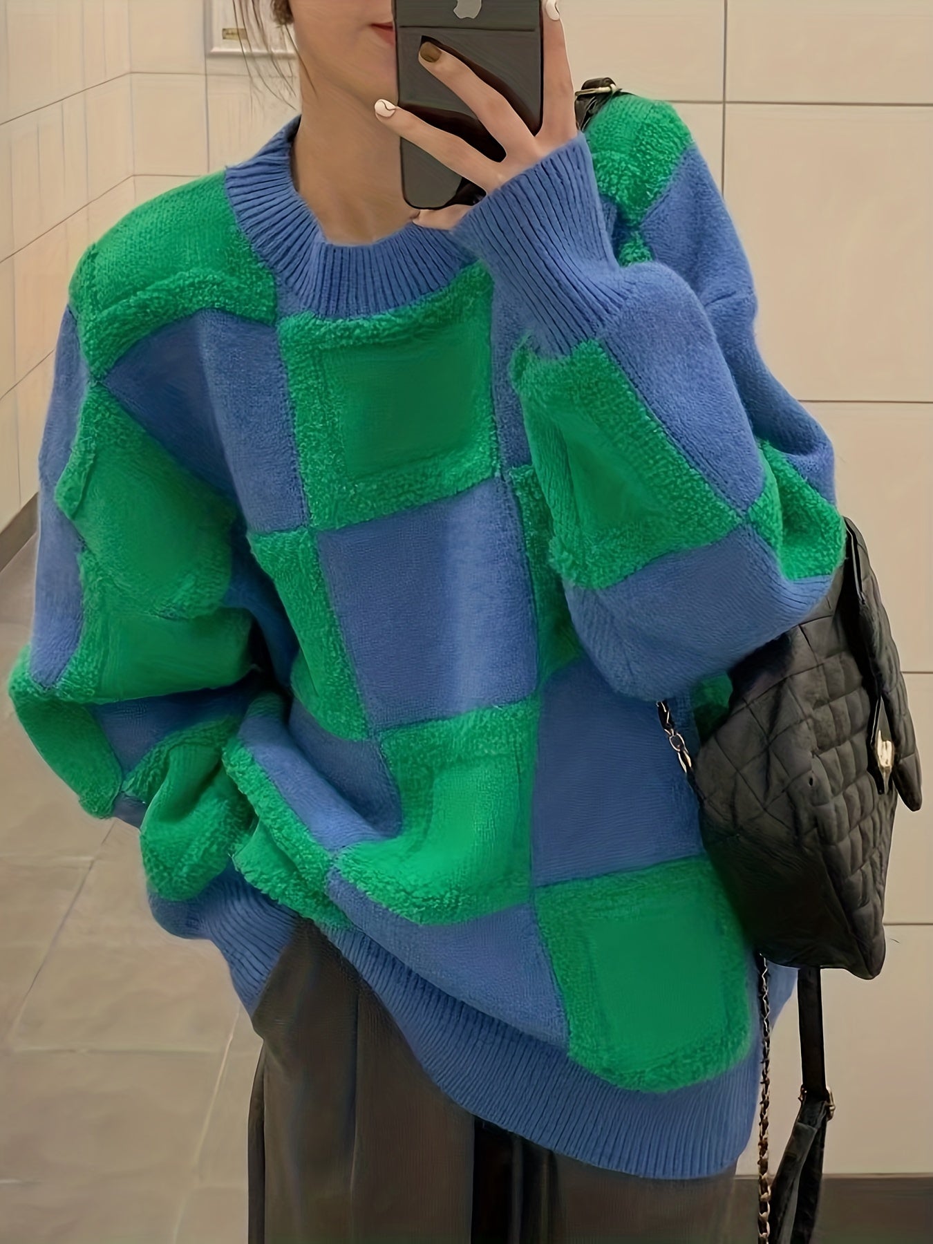 Sixsr Plaid Pattern Crew Neck Pullover Sweater, Casual Long Sleeve Drop Shoulder Sweater, Women's Clothing