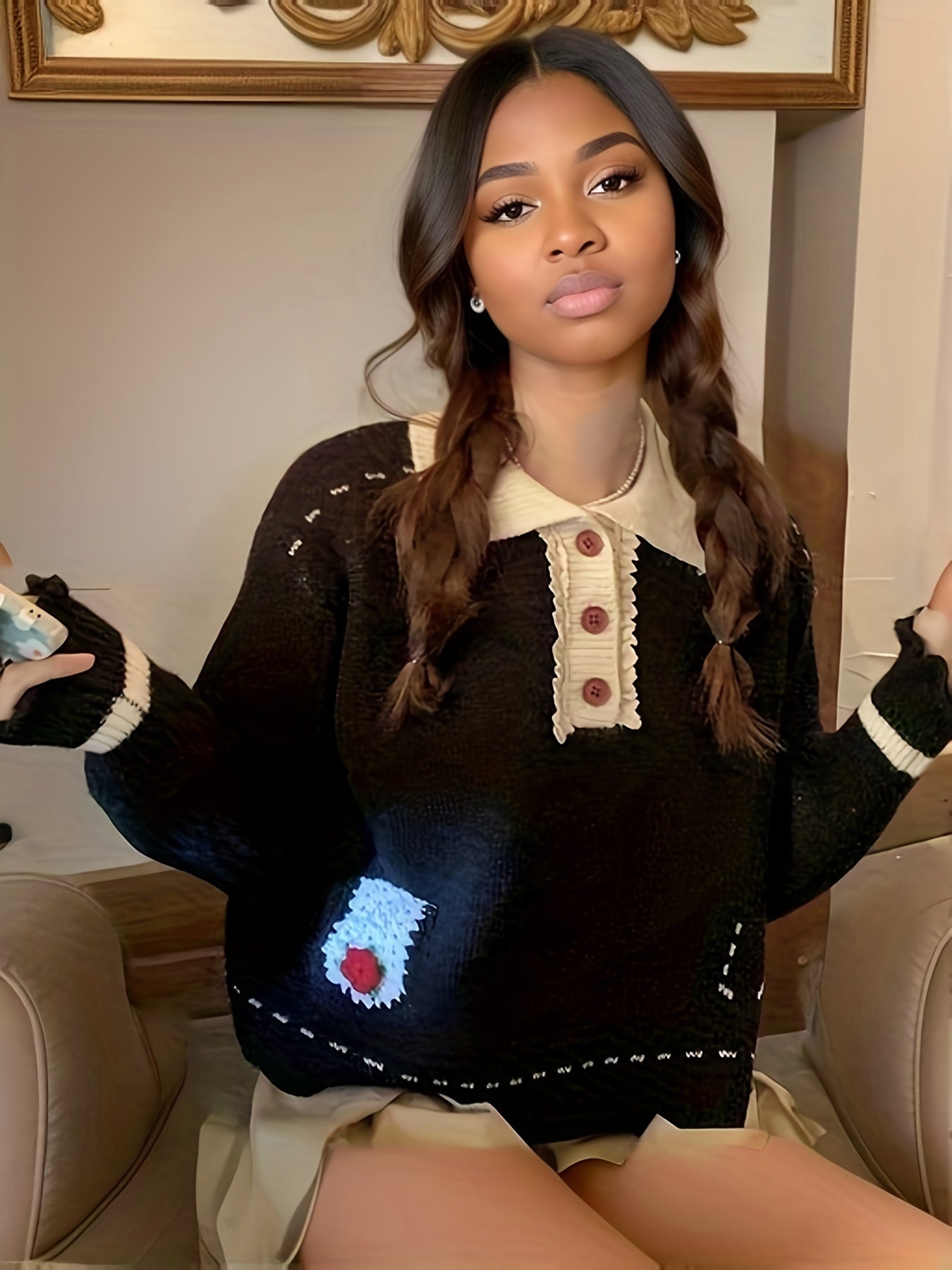 Sixsr Color Block Fall & Winter Knit Sweater, Casual Button Front Long Sleeve Sweater, Women's Clothing