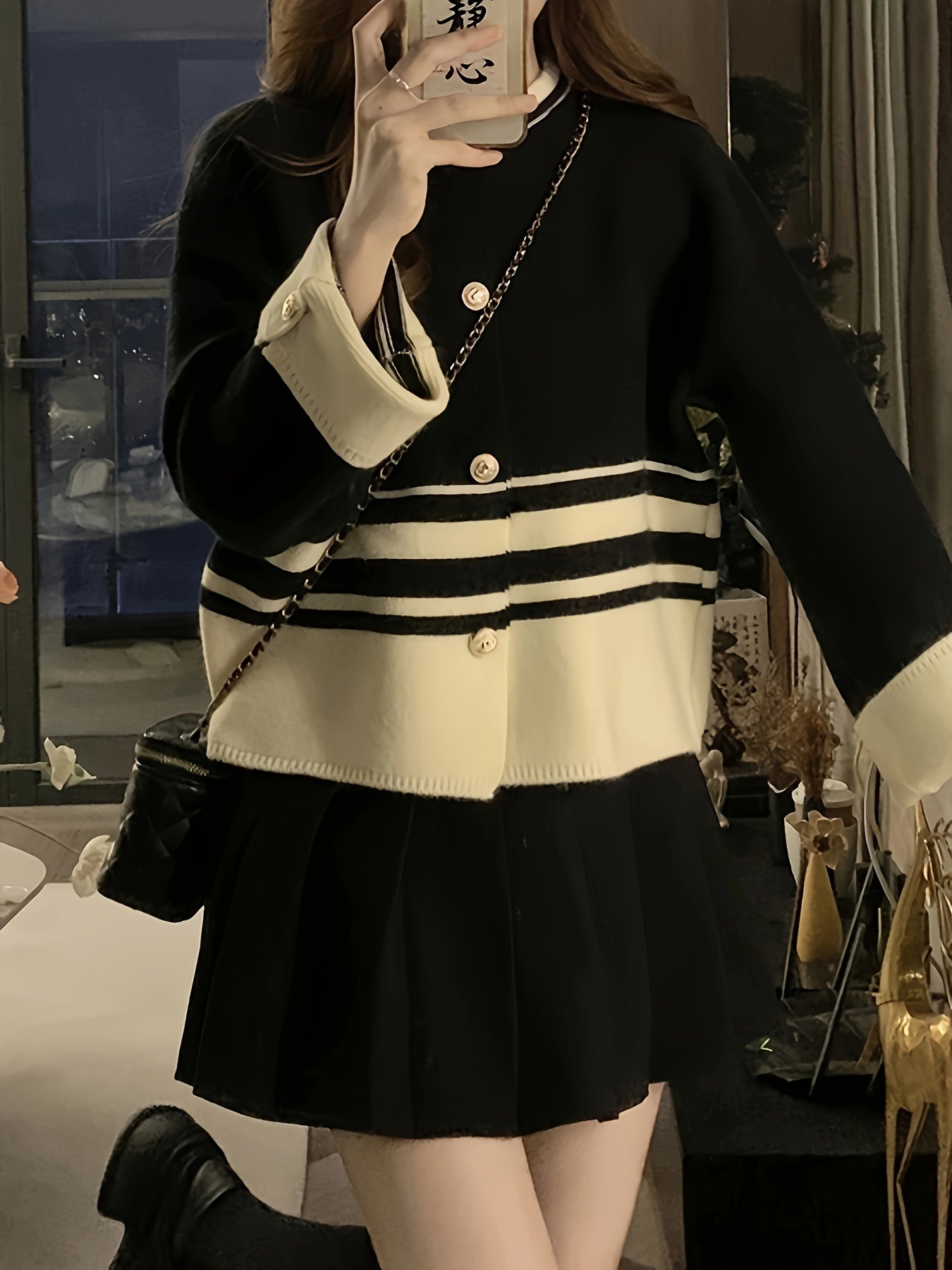 Sixsr Color Block Striped Button Up Cardigan, Casual Long Sleeve Knit Sweater For Fall & Winter, Women's Clothing