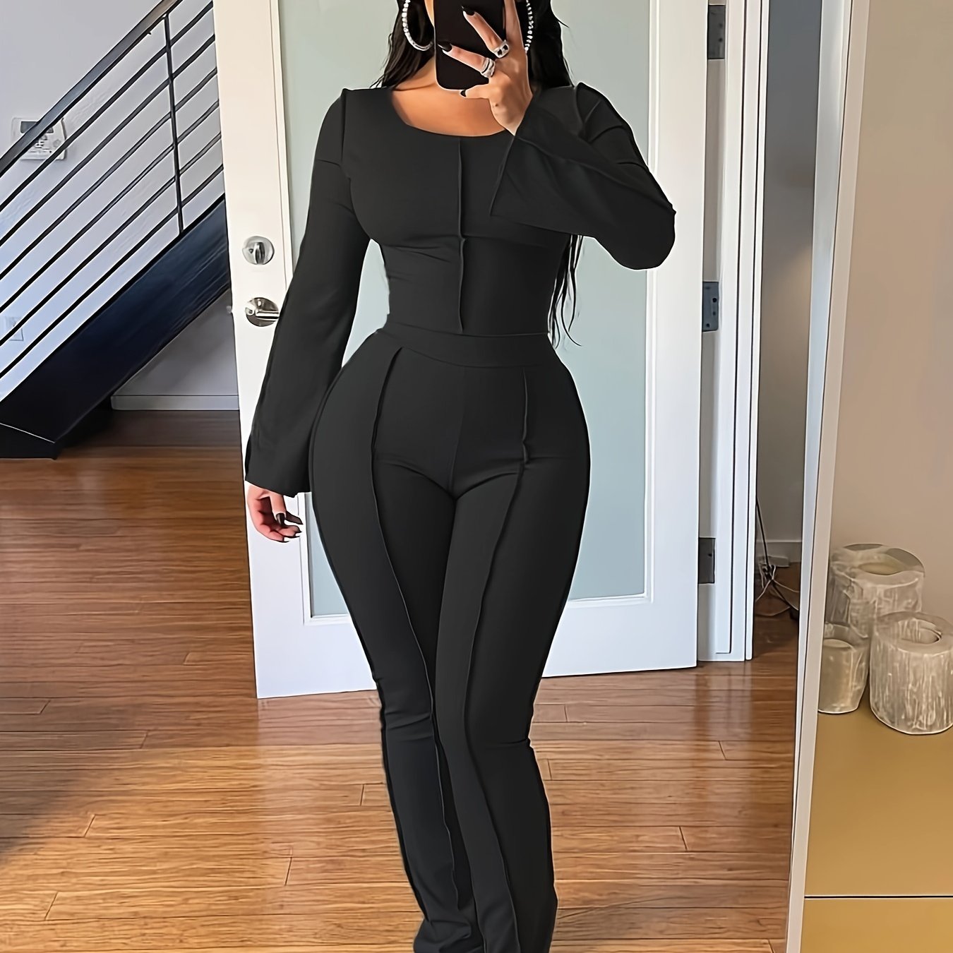 Sixsr Solid Rib Two-piece Set, Flared Sleeve Crew Neck Tops & High Waist Long Length Pants Outfits, Women's Clothing