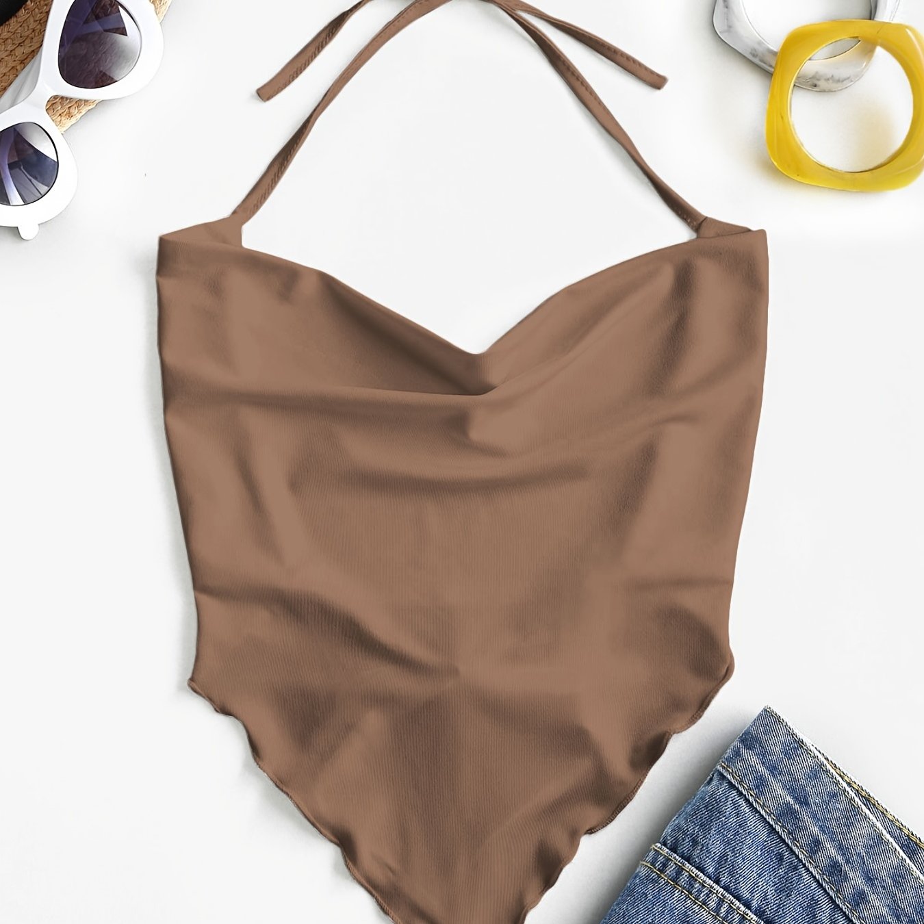 Solid Crop Halter Top, Casual Every Day Top For Summer & Spring, Women's Clothing