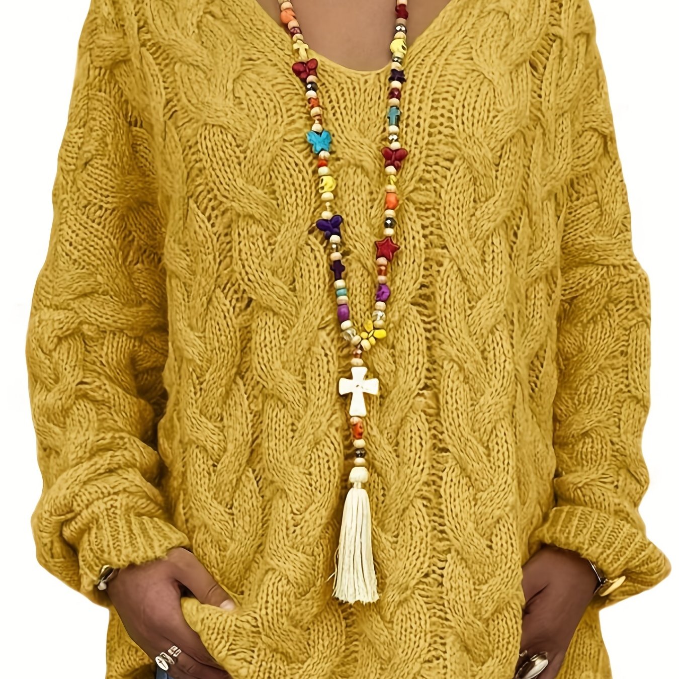 Sixsr Plus Size Casual Sweater, Women's Plus Solid Hooded Long Sleeve V Neck Knitted Pullover Jumper Top