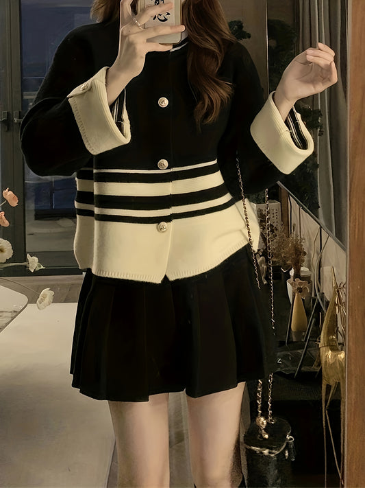 Sixsr Color Block Striped Button Up Cardigan, Casual Long Sleeve Knit Sweater For Fall & Winter, Women's Clothing