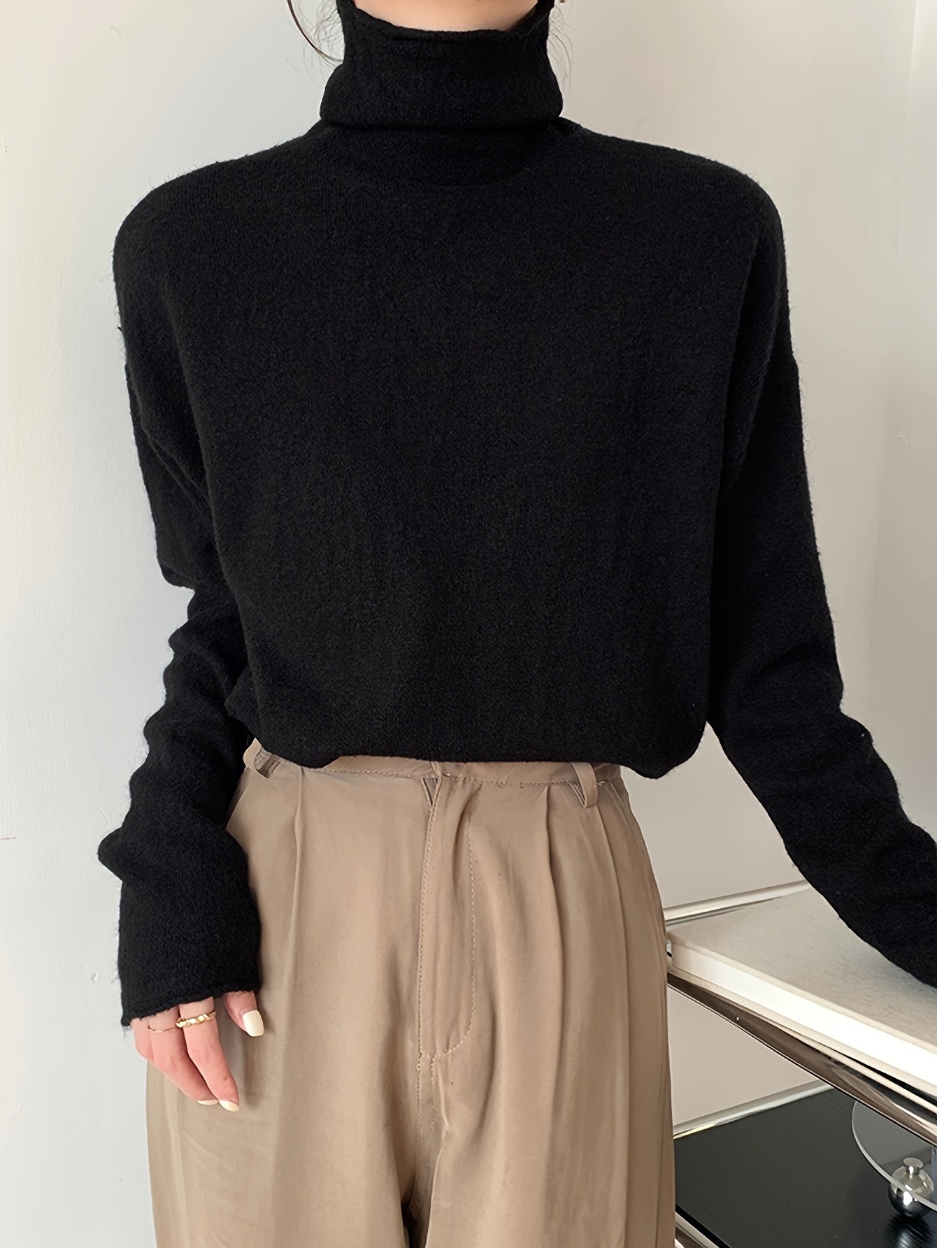 Sixsr Solid Turtle Neck Pullover Sweater, Casual Long Sleeve Versatile Inner Wear Sweater, Women's Clothing