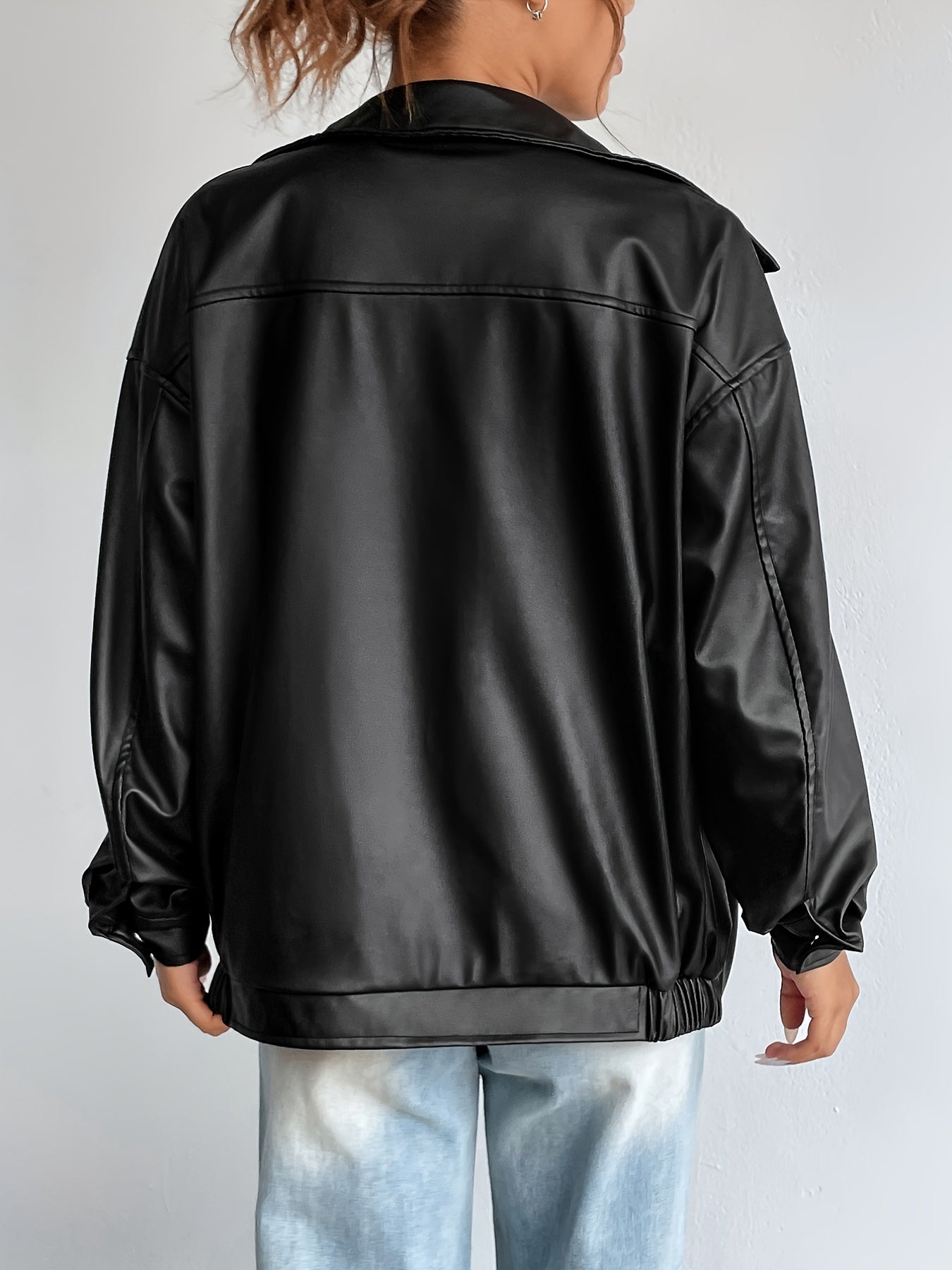 Sixsr Solid Zipper Front PU Leather Jacket, Casual Y2K Long Sleeve Jacket For Spring & Fall, Women's Clothing