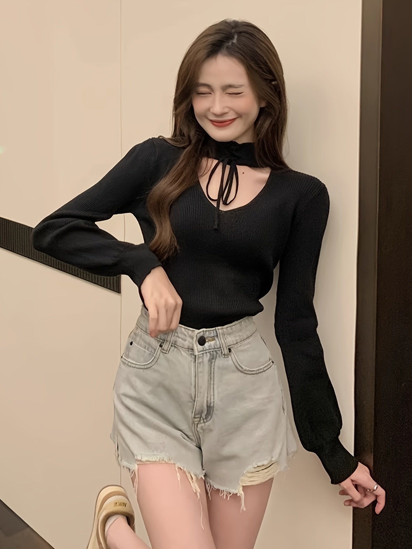 Sixsr Solid Lace Up Mock Neck Knit Sweater, Elegant Cut Out Long Sleeve Stylish Sweater, Women's Clothing