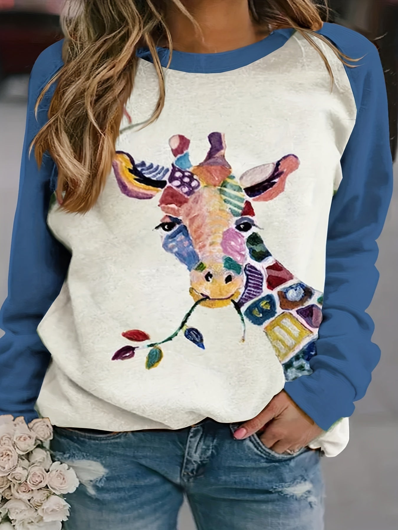 Sixsr Plus Size Casual Sweatshirt, Women's Plus Colorblock Giraffe Print Long Sleeve Round Neck Pullover Sweatshirt