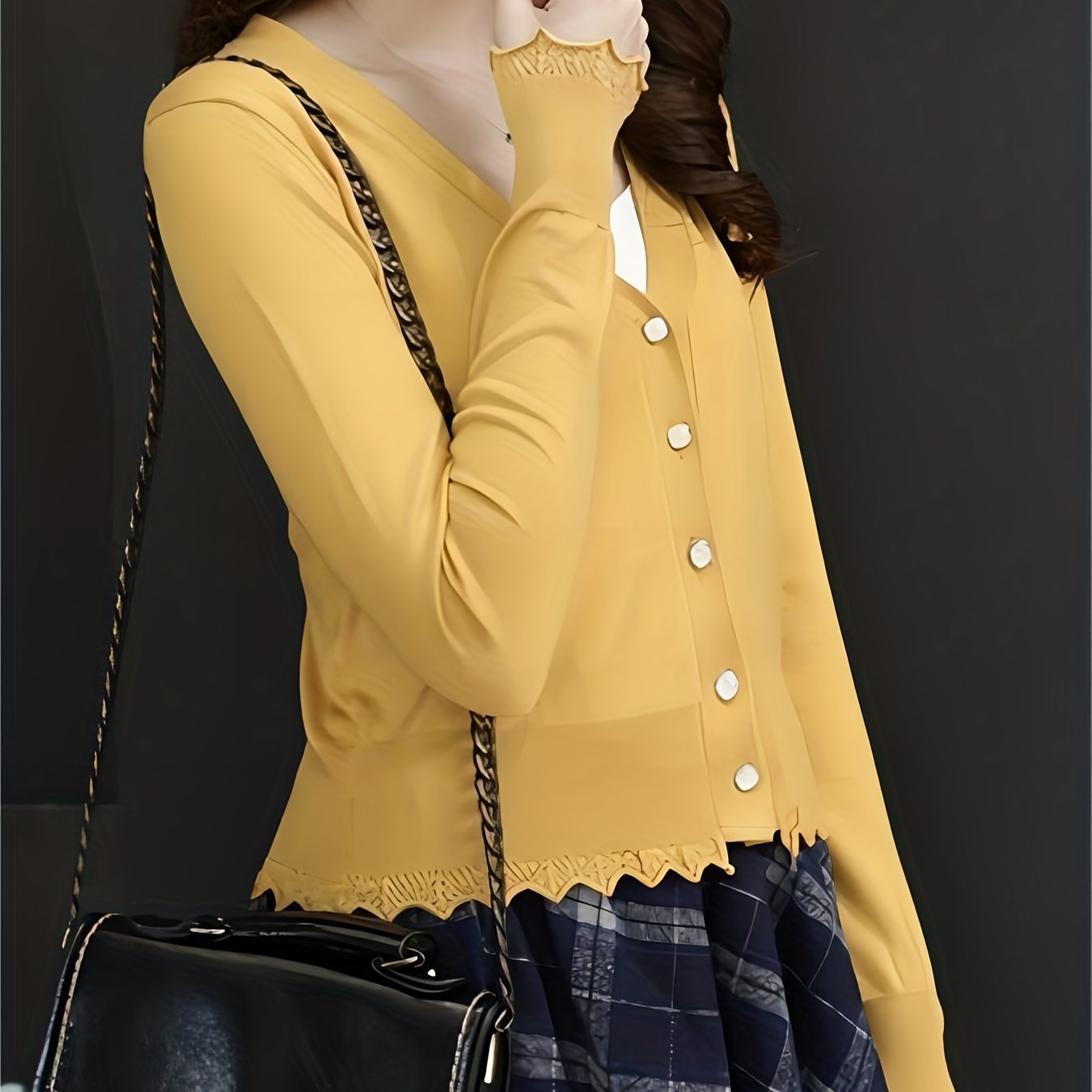 Sixsr Button Front Lettuce Trim Knit Cardigan, Casual Solid V Neck Long Sleeve Sweater For Spring & Summer, Women's Clothing