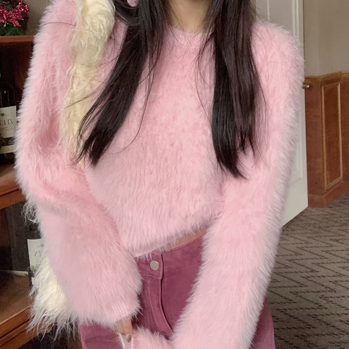 Sixsr Solid Color Faux Fur Crew Neck Sweater, Chic Long Sleeve Sweater For Fall & Winter, Women's Clothing