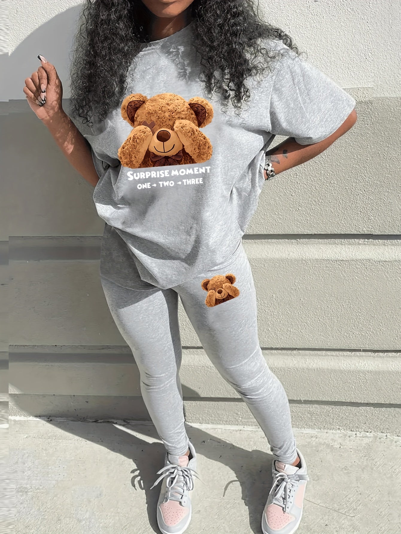 Sixsr Teddy Bear Print Two Piece Set, Short Sleeve T-Shirt & Pants, Women's Clothing
