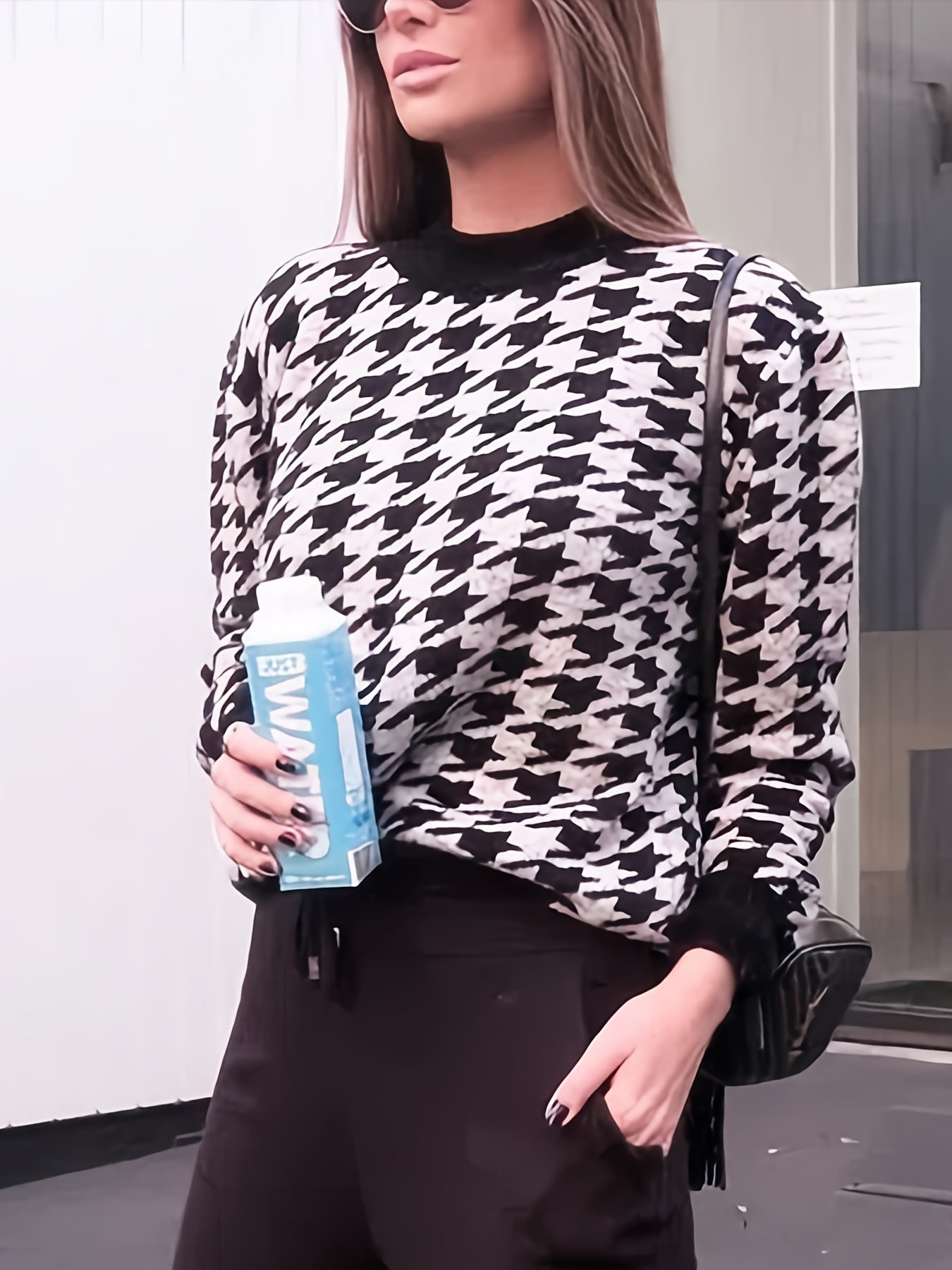 Sixsr Houndstooth Print Knitted Sweater, Casual Long Sleeve Loose Sweater For Fall & Winter, Women's Clothing