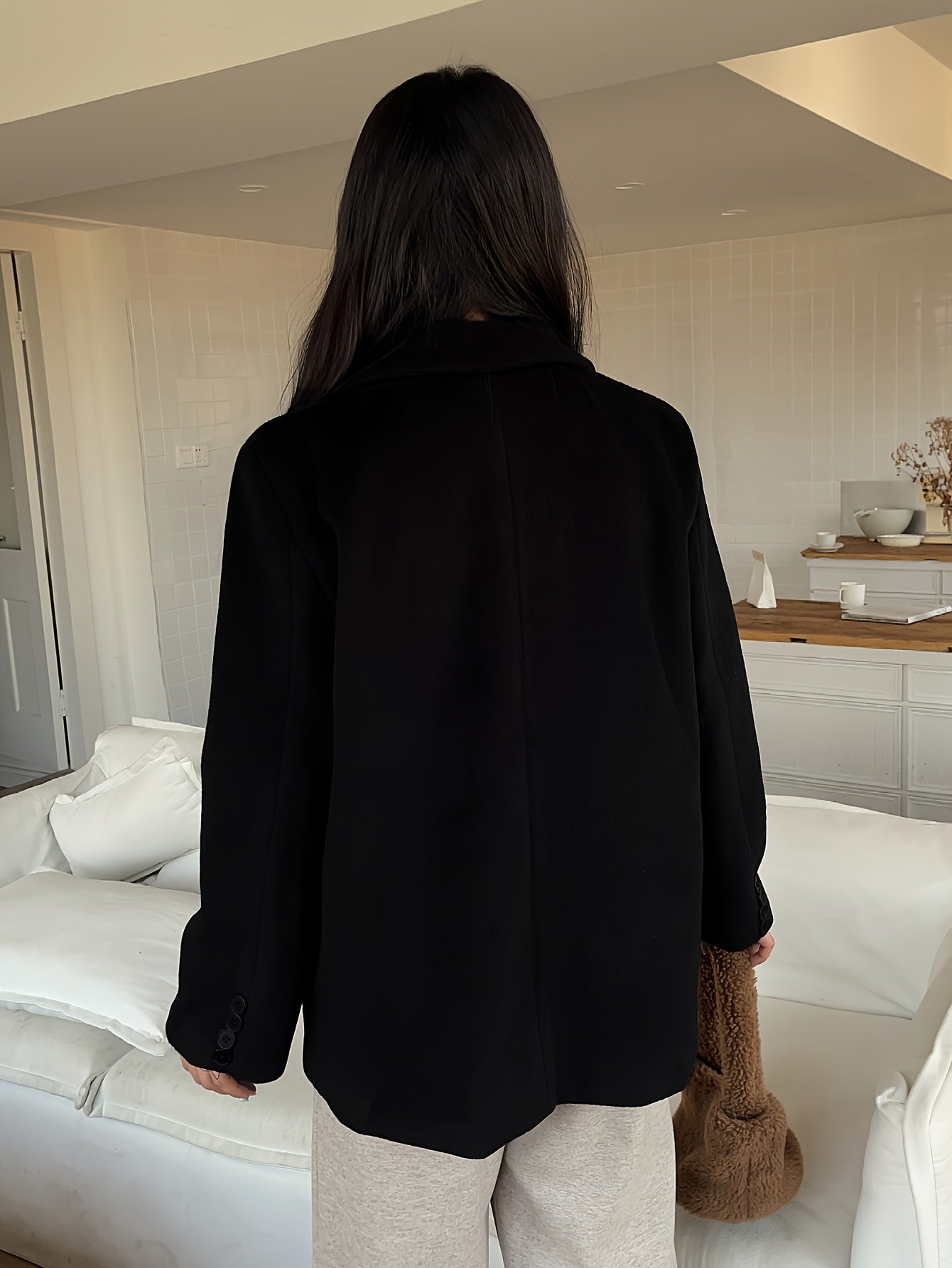 Sixsr Button Front Notched Collar Coat, Casual Thermal Long Sleeve Pocket Blazer For Fall & Winter, Women's Clothing