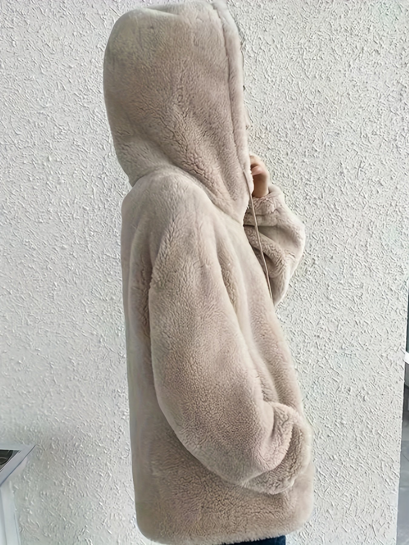 Sixsr Fuzzy Drawstring Hooded Coat, Casual Solid Long Sleeve Outerwear, Women's Clothing