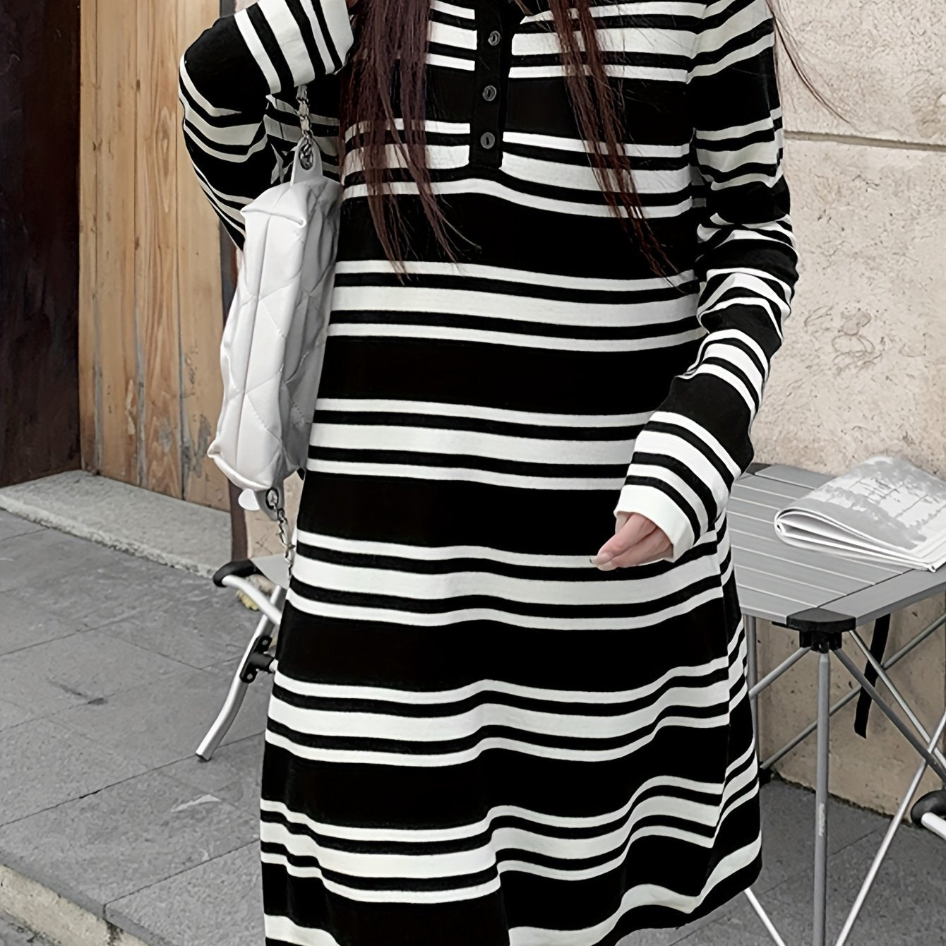 Sixsr Stripe Print Button Collared Dress, Casual Long Sleeve Loose Knit Dress, Women's Clothing
