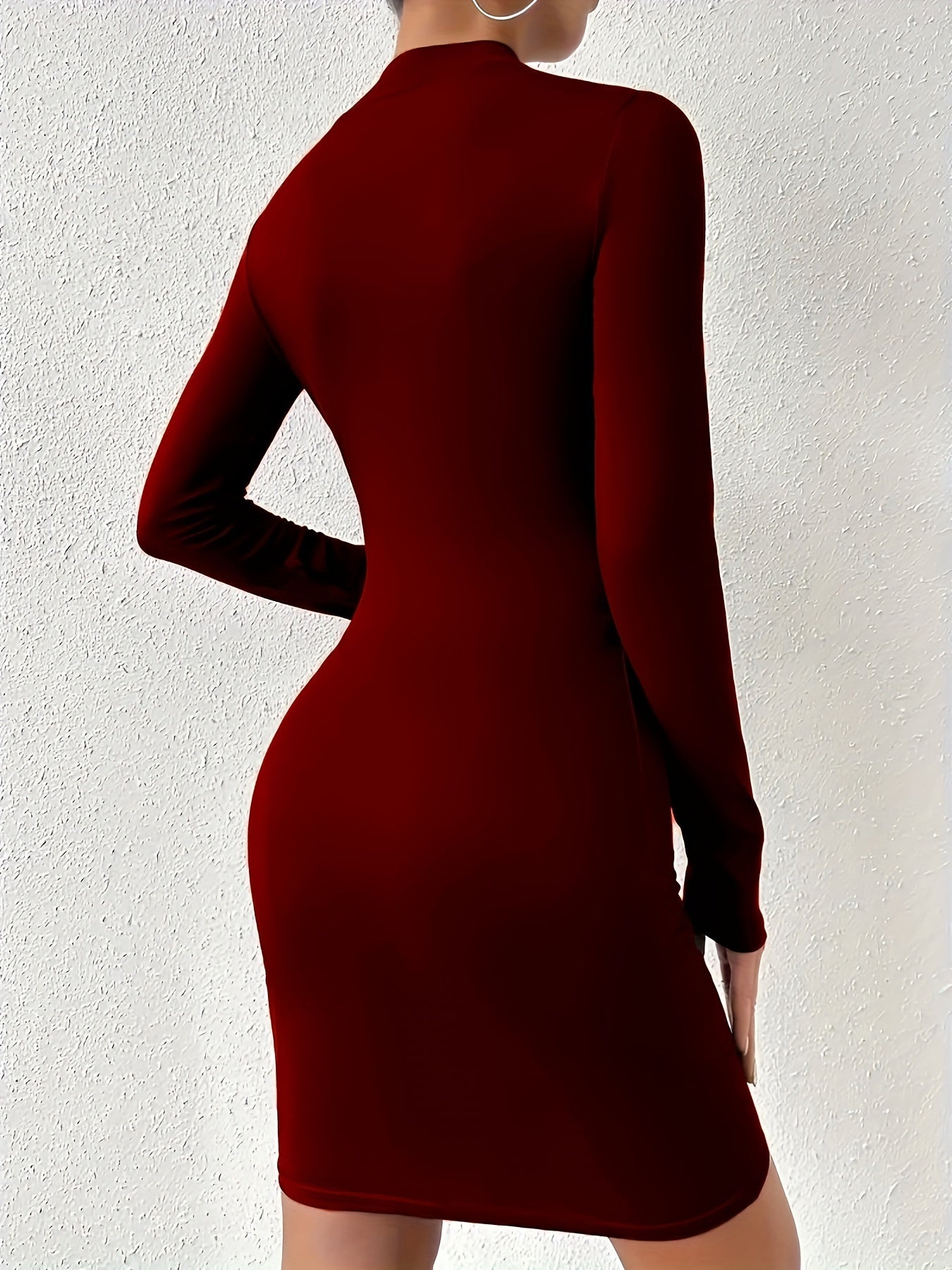 Sixsr Solid High Collar Long Sleeve Dress, Elegant High Stretch Bodycon Bag Hip Mini Dress, Women's Clothing