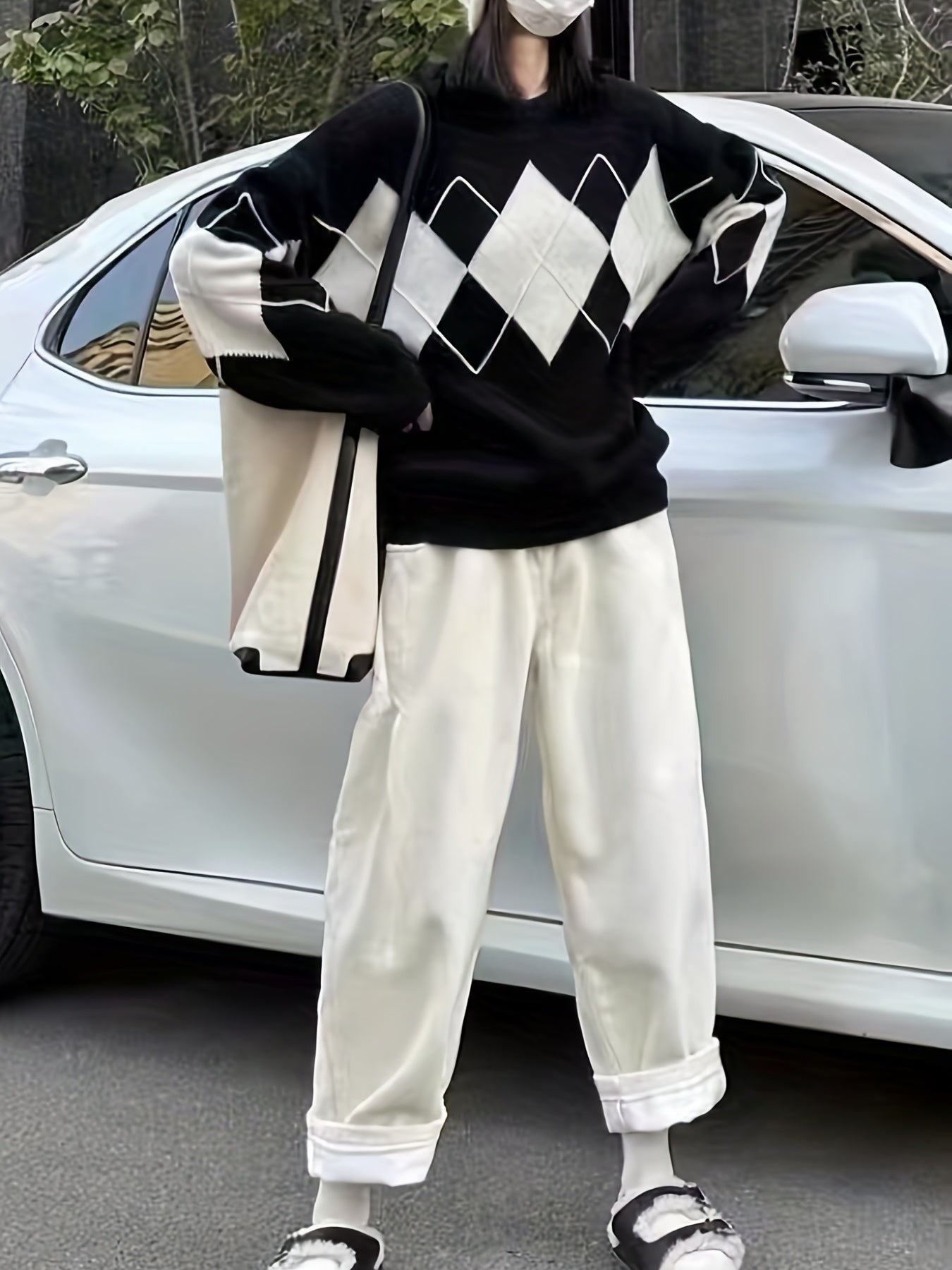 Sixsr Argyle Print Knit Sweater, Casual Crew Neck Long Sleeve Sweater, Women's Clothing