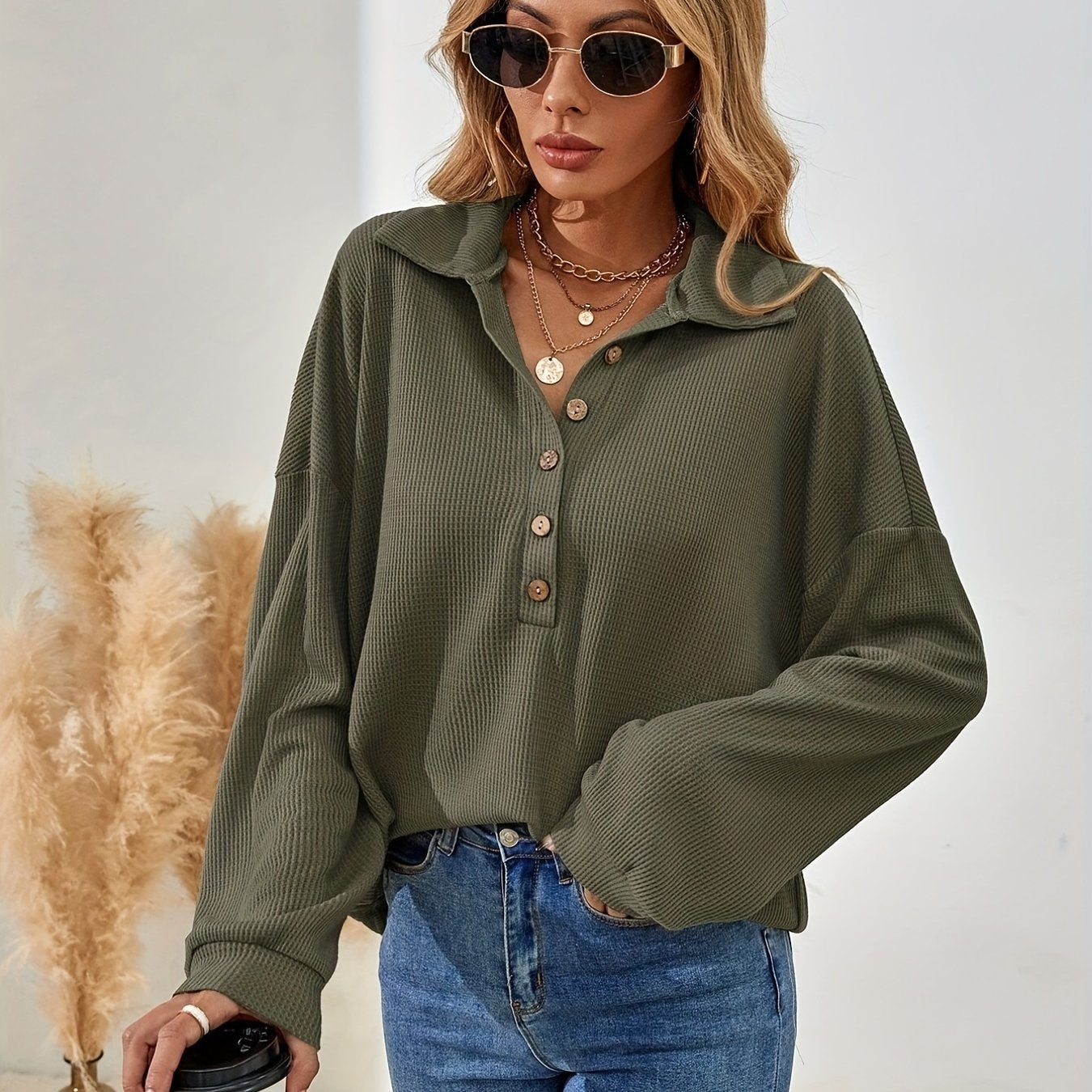 Sixsr Textured Half Button Pullover Sweatshirt, Casual Long Sleeve Lapel Sweatshirt For Fall & Winter, Women's Clothing
