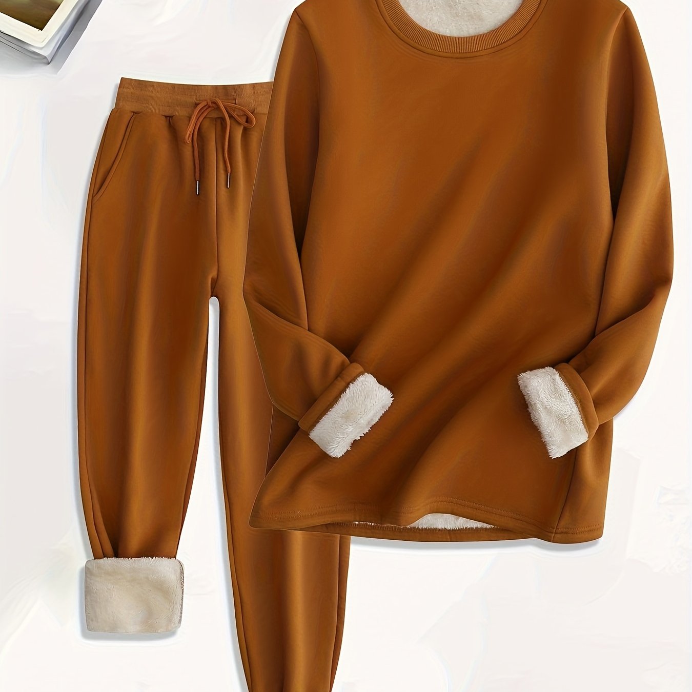 Sixsr Solid Fleece Two-piece Set, Casual Long Sleeve Sweatshirt & Drawstring Jogger Pants Outfits, Women's Clothing