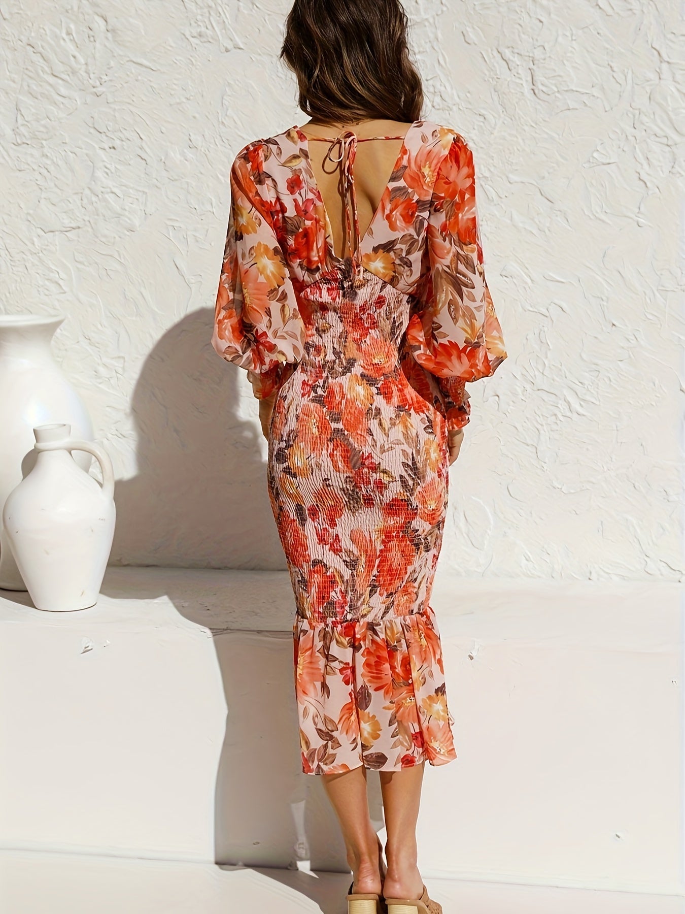Floral Print Shirred Ruffle Hem Dress, Elegant Lantern Sleeve V Neck Dress, Women's Clothing