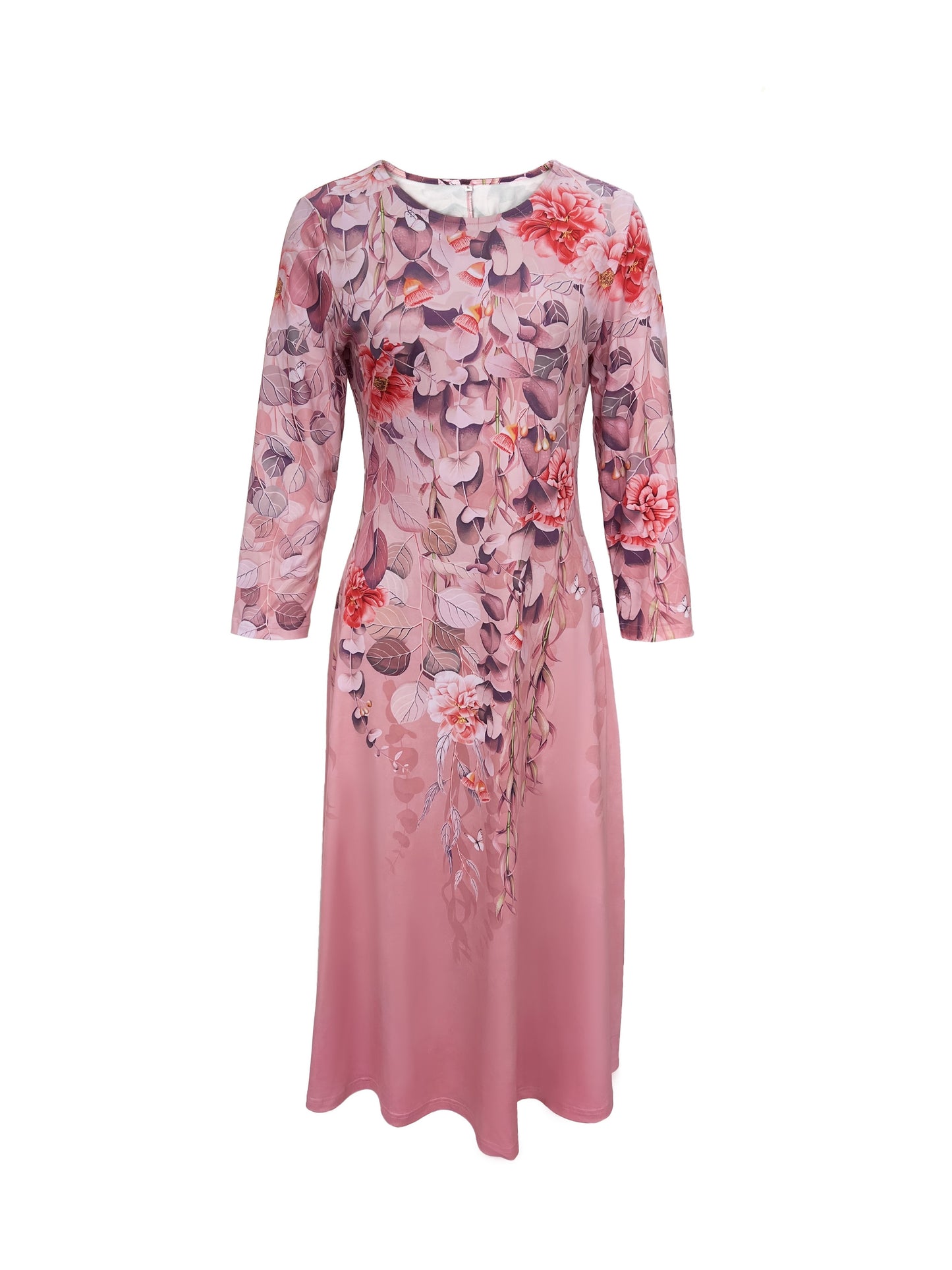 Sixsr Vintage Floral Print Dress, Elegant Crew Neck Long Sleeve Dress, Women's Clothing